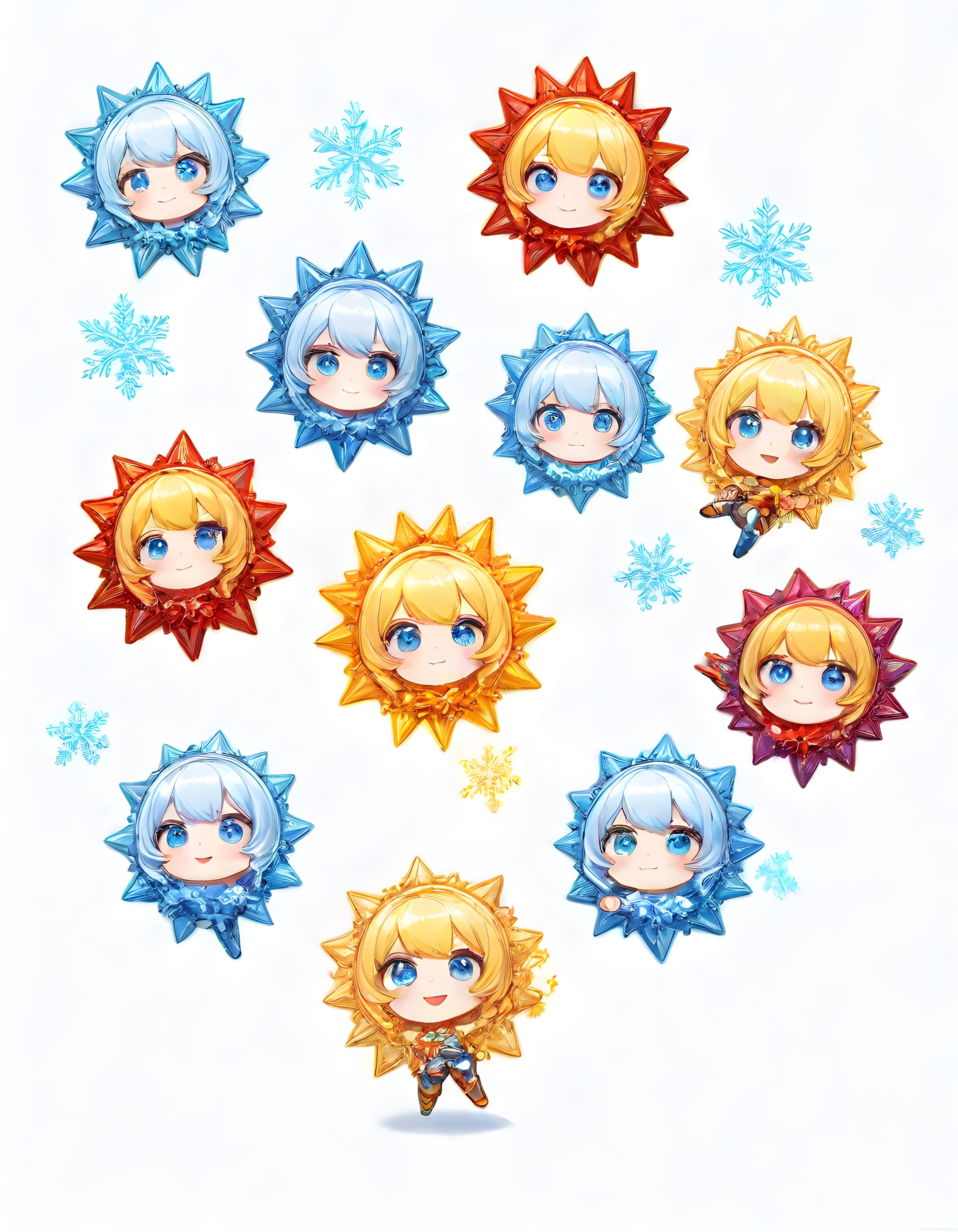 Sevimli Chibi Anime Karakterleri Güneş ve Buz Temalı Dijital Çıkartma Seti
