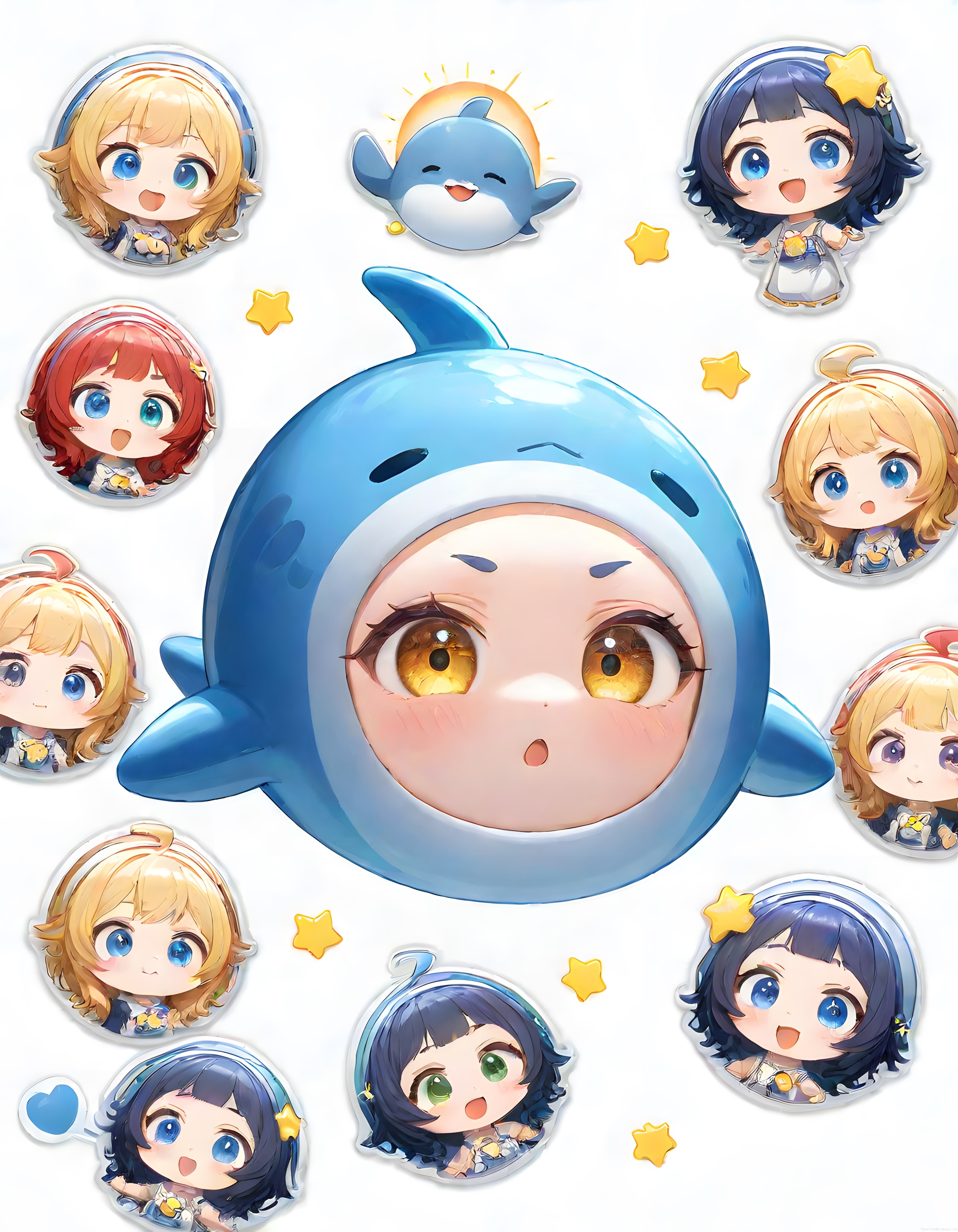 Sevimli Chibi Anime Karakterleri ve Balina Temalı Dijital Sticker Koleksiyonu