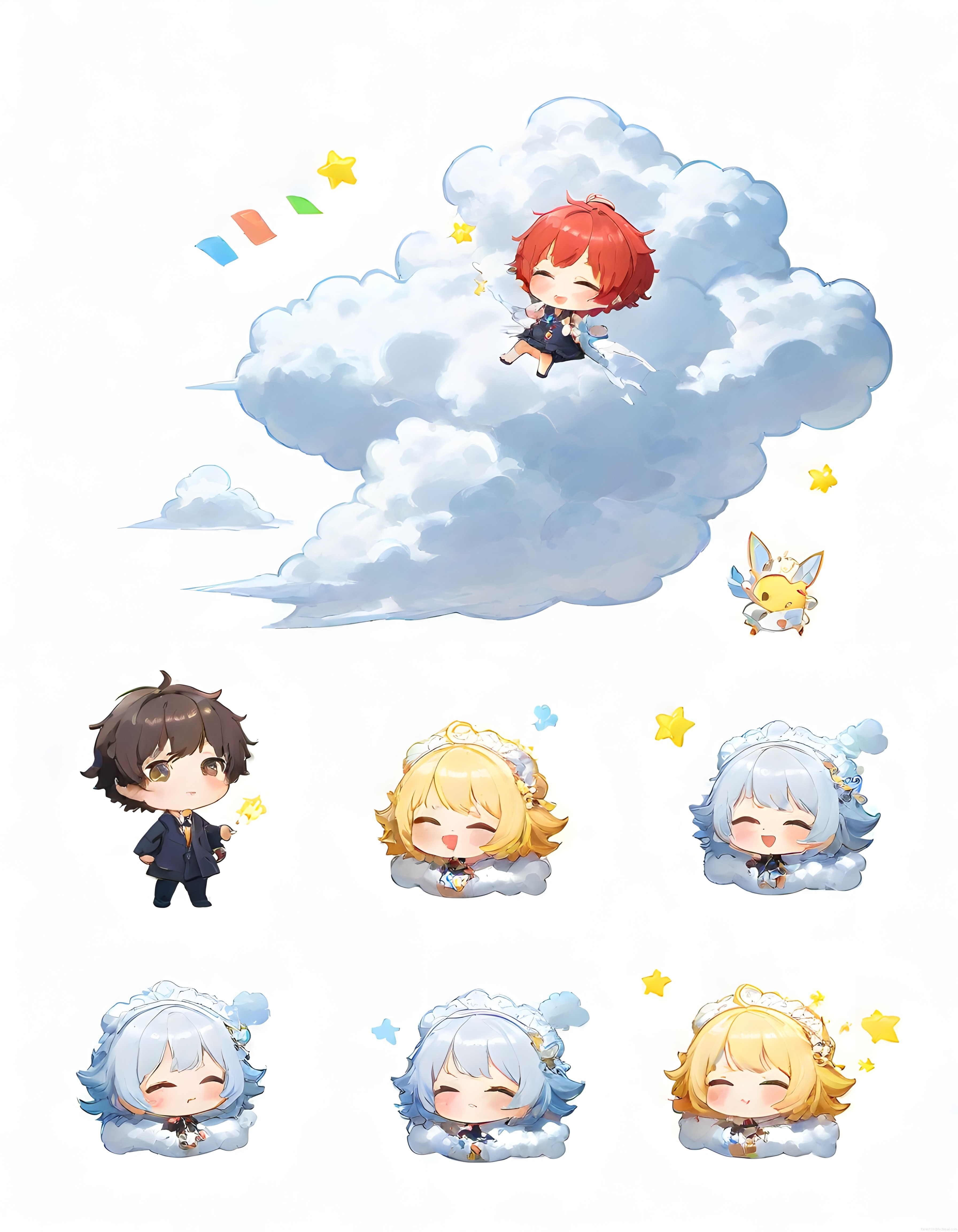 Sevimli Chibi Anime Karakterleri ve Bulutlar Üzerinde Uçan Dijital Sticker Seti
