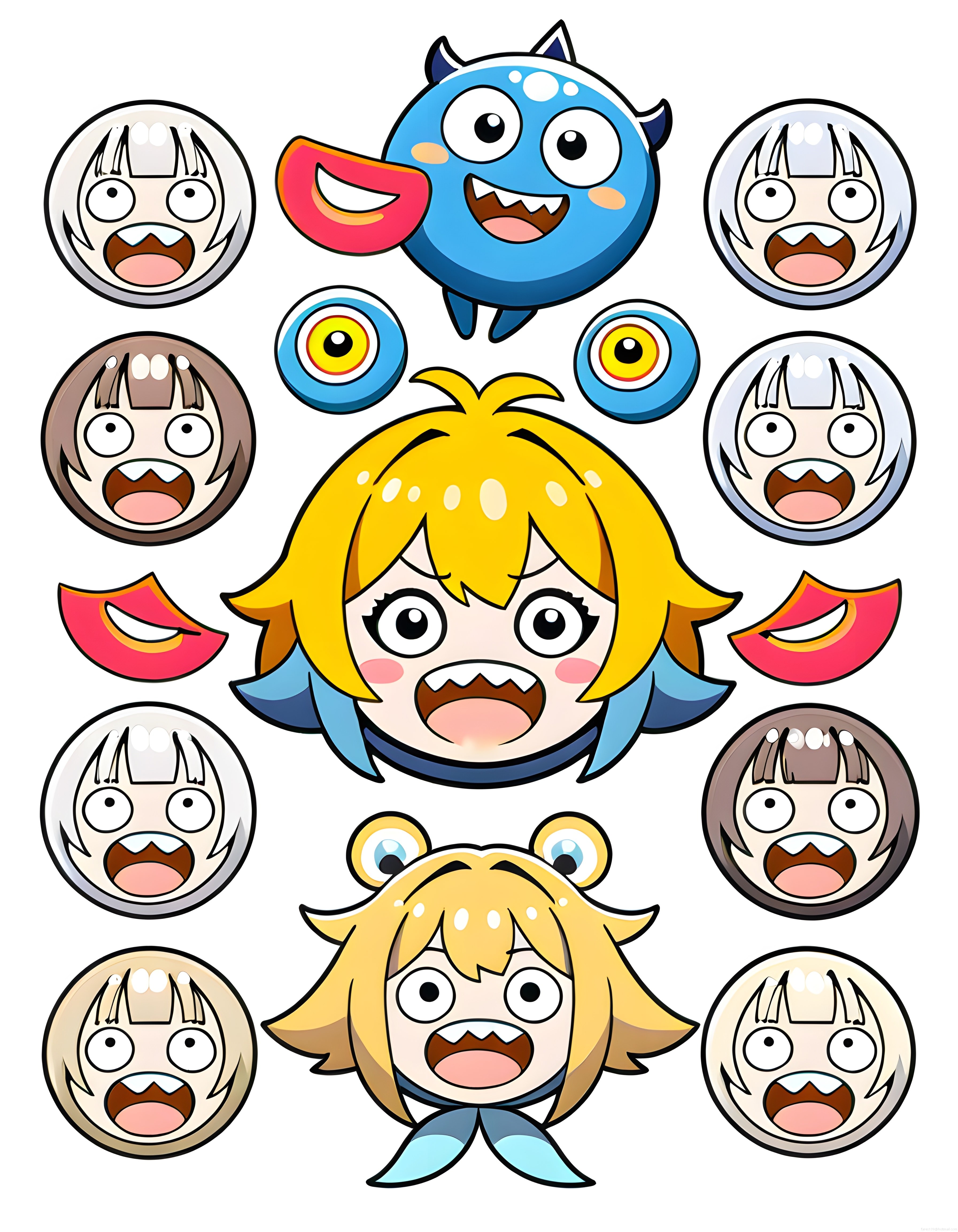 Sevimli Chibi Anime Karakterleri ve Canavarlar Renkli Çıkartma Seti
