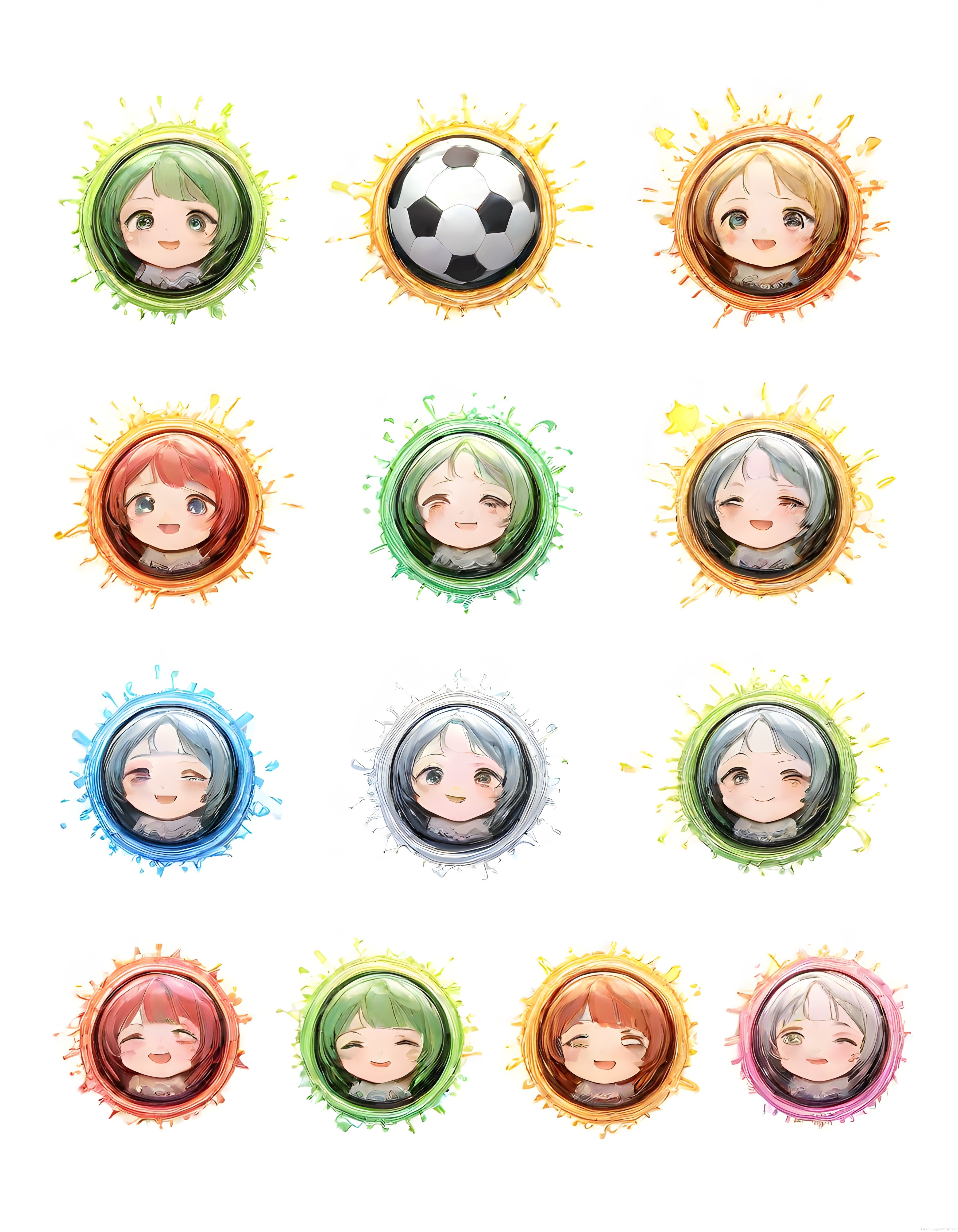 Sevimli Chibi Anime Karakterleri ve Futbol Topu Boya Sıçratma Çerçeve Seti