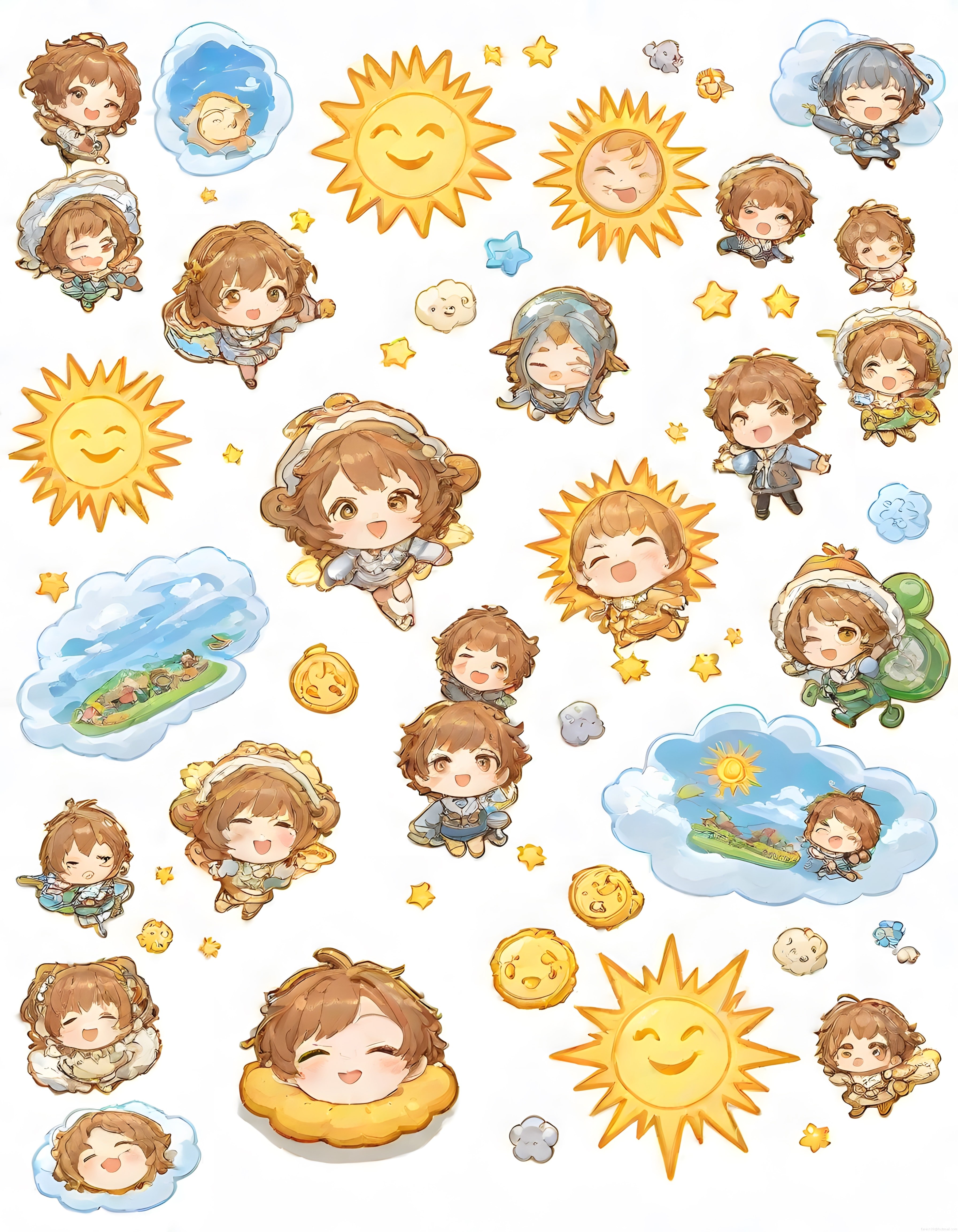 Sevimli Chibi Anime Karakterleri ve Güneşli Gökyüzü Dijital Sticker Seti