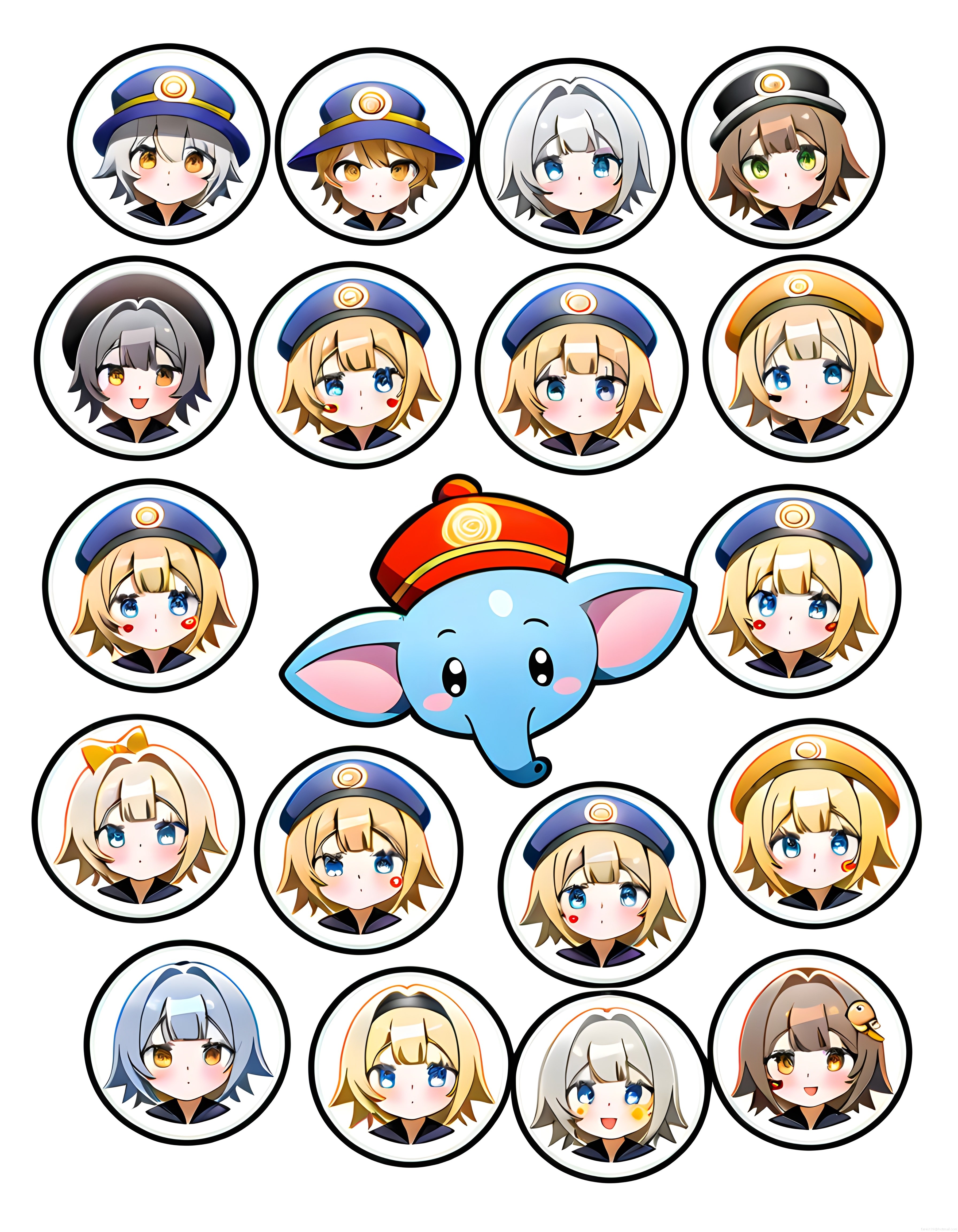 Sevimli Chibi Anime Karakterleri ve Mavi Fil Maskotu Dijital Sanat Koleksiyonu