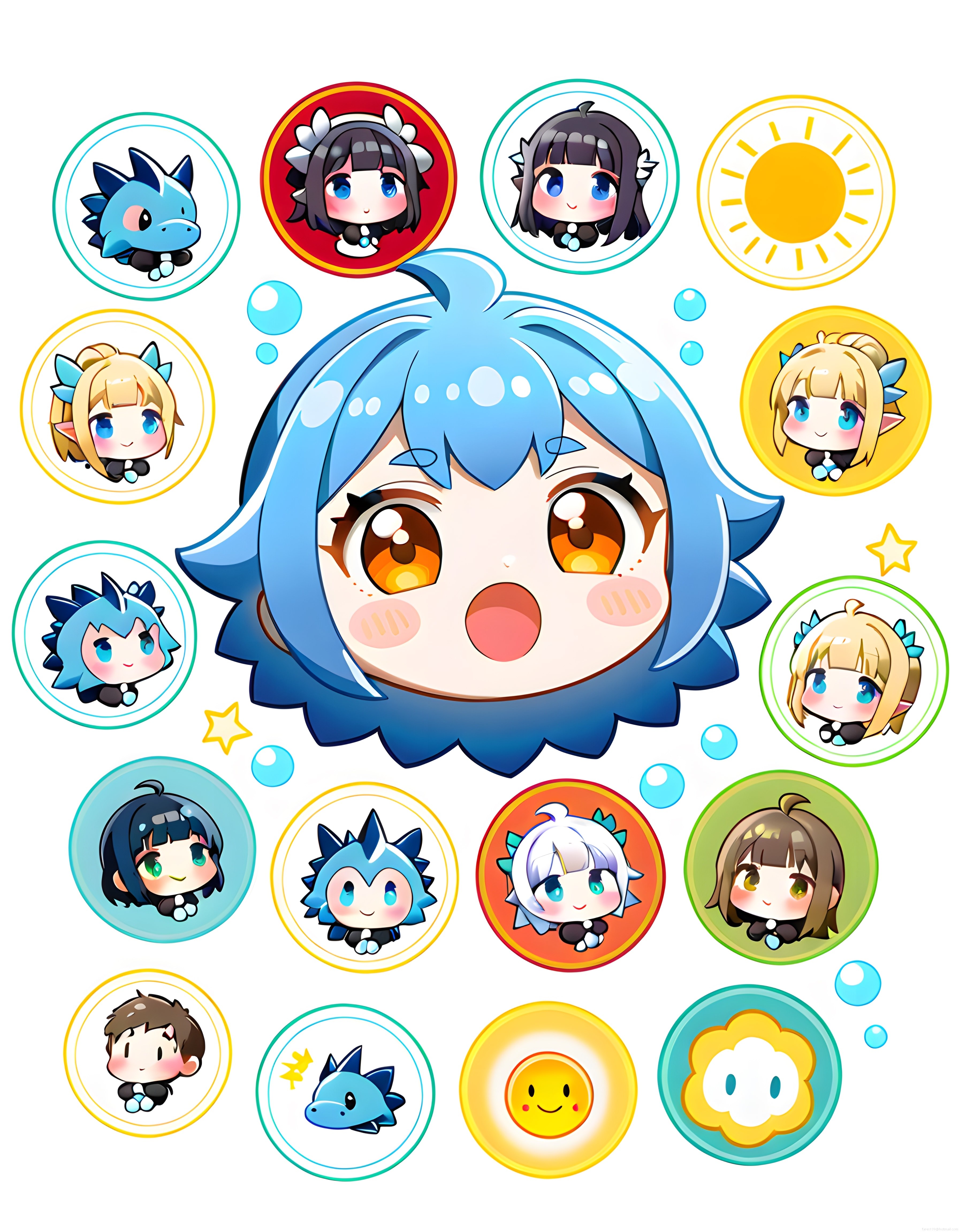 Sevimli chibi anime karakterleri ve mavi saçlı maskot dijital sanat çalışması