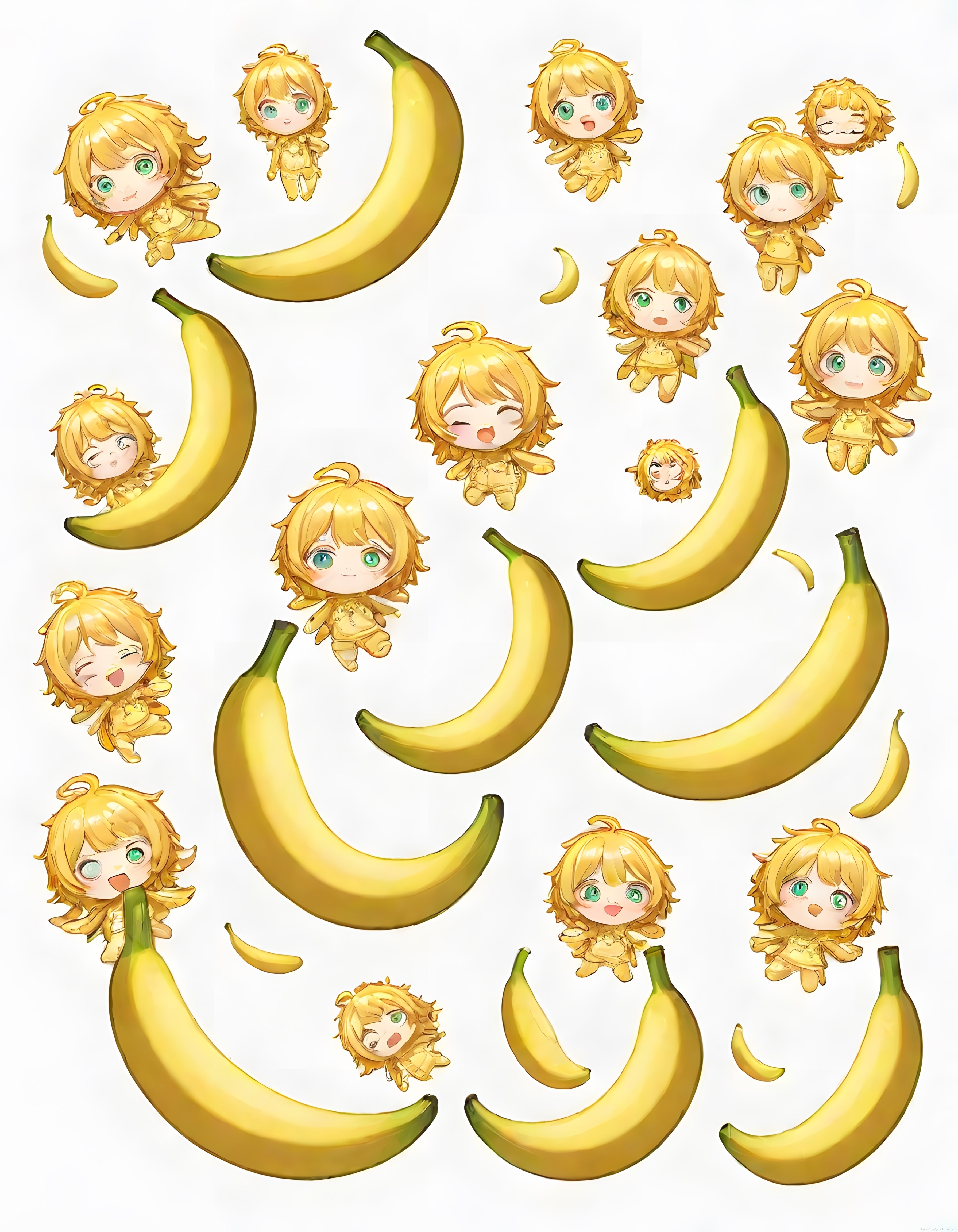 Sevimli Chibi Anime Karakterleri ve Muzlarla Dolu Kawaii Dijital Sticker Seti