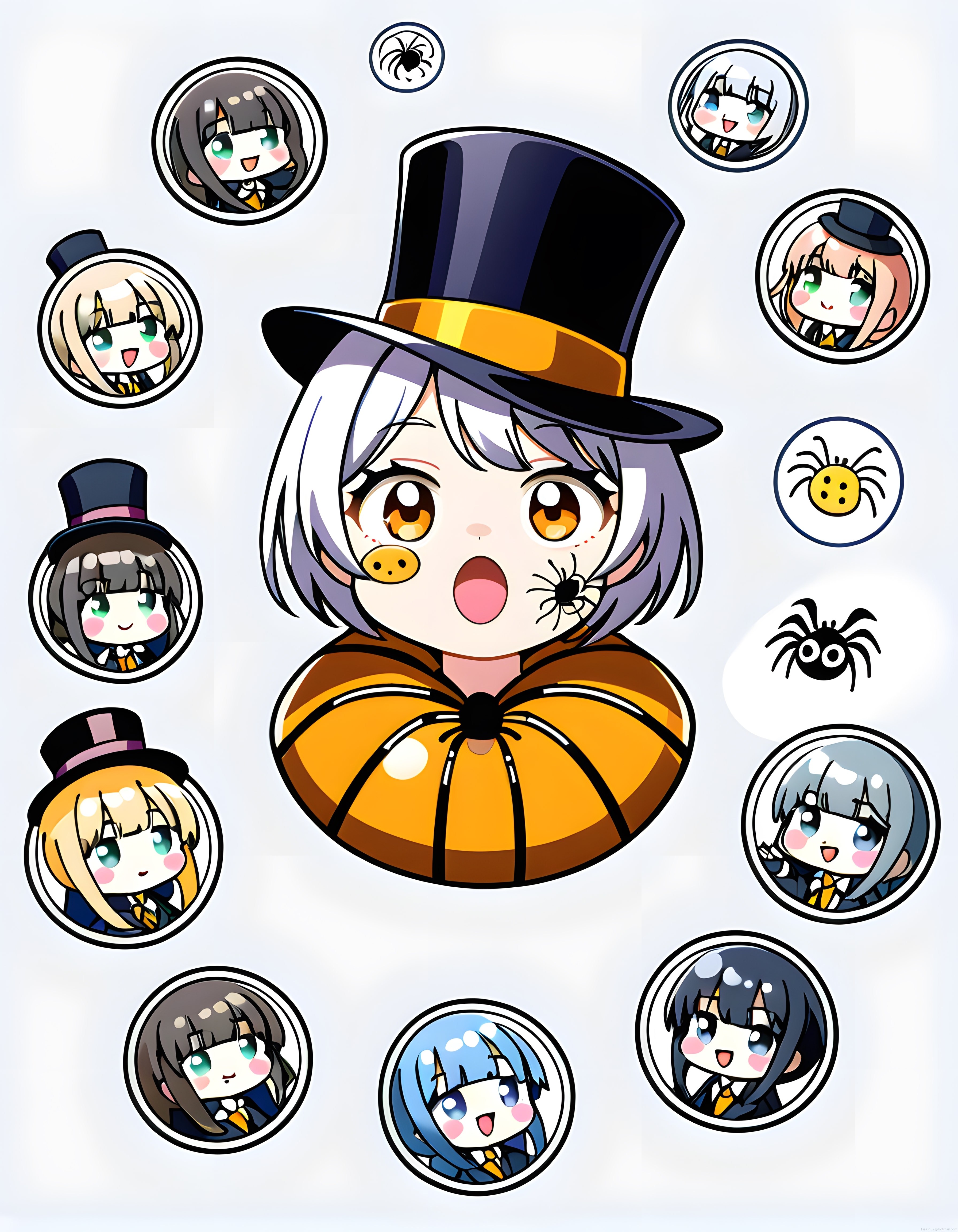 Sevimli Chibi Anime Karakterleri ve Örümceklerle Halloween Temalı Dijital İllüstrasyon