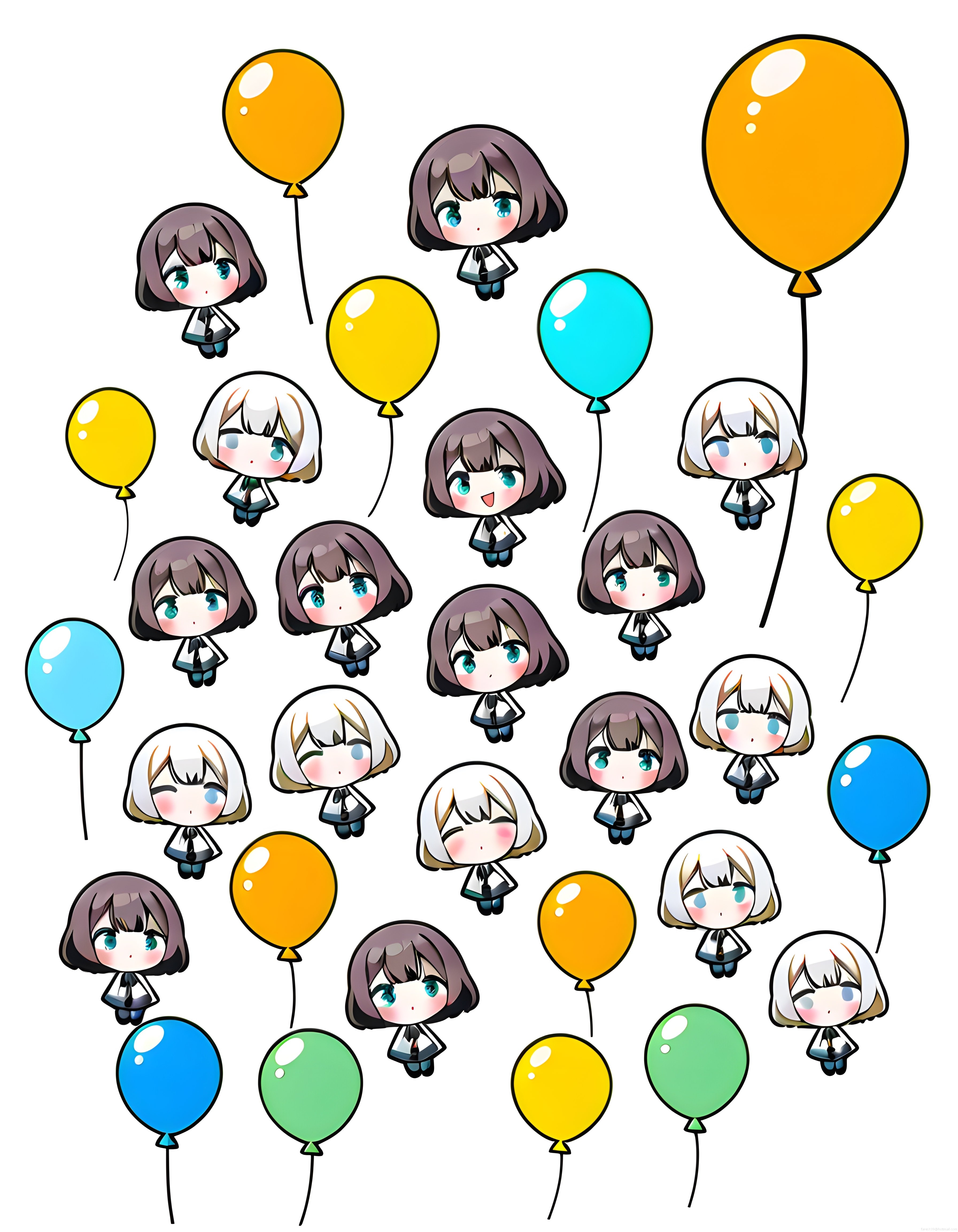 Sevimli Chibi Anime Karakterleri ve Renkli Balonlar ile Kawaii Dijital Desen