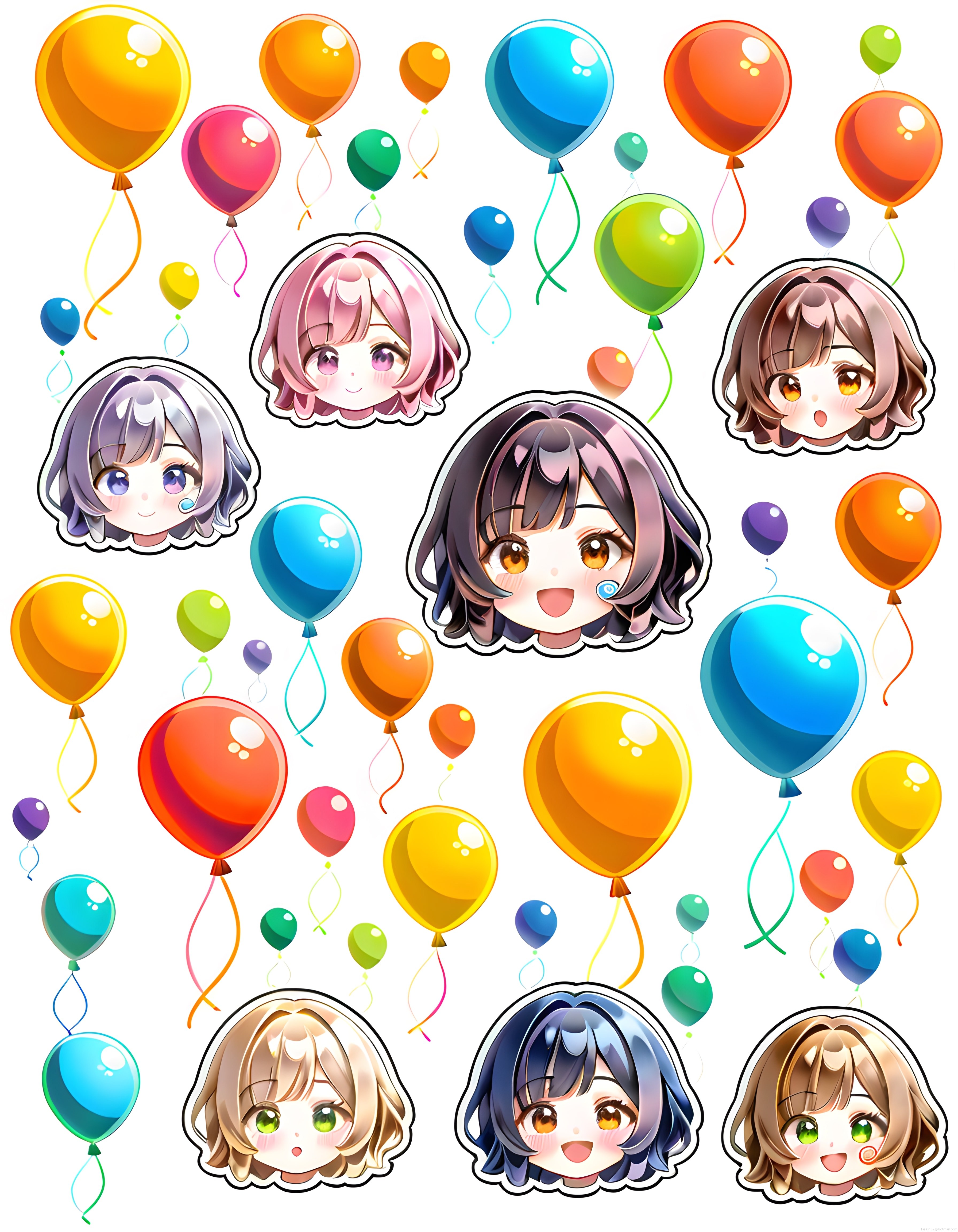 Sevimli Chibi Anime Karakterleri ve Renkli Balonlarla Neşeli Kutlama Tasarımı