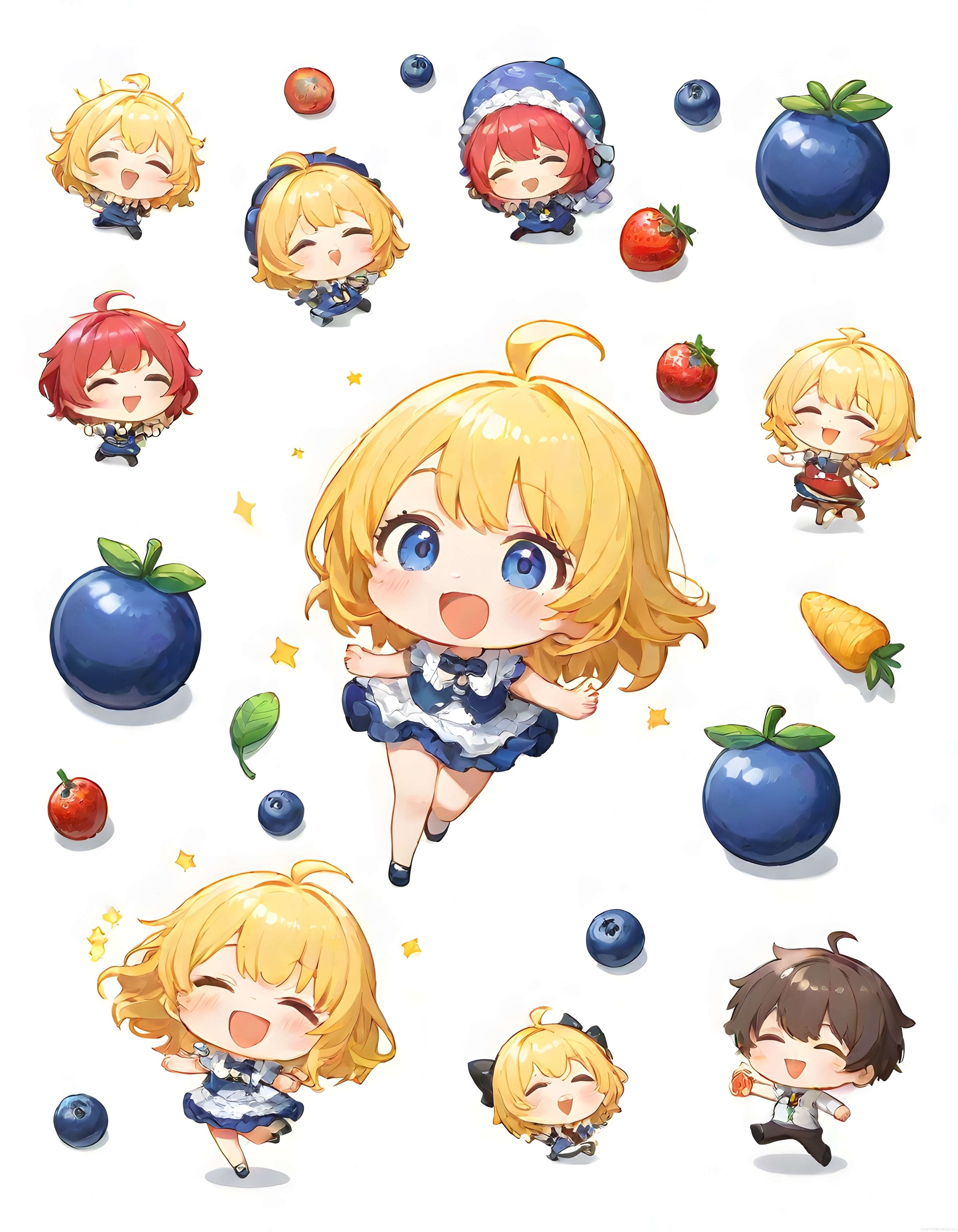 Sevimli Chibi Anime Karakterleri ve Yaban Mersini Detaylı Dijital İllüstrasyon