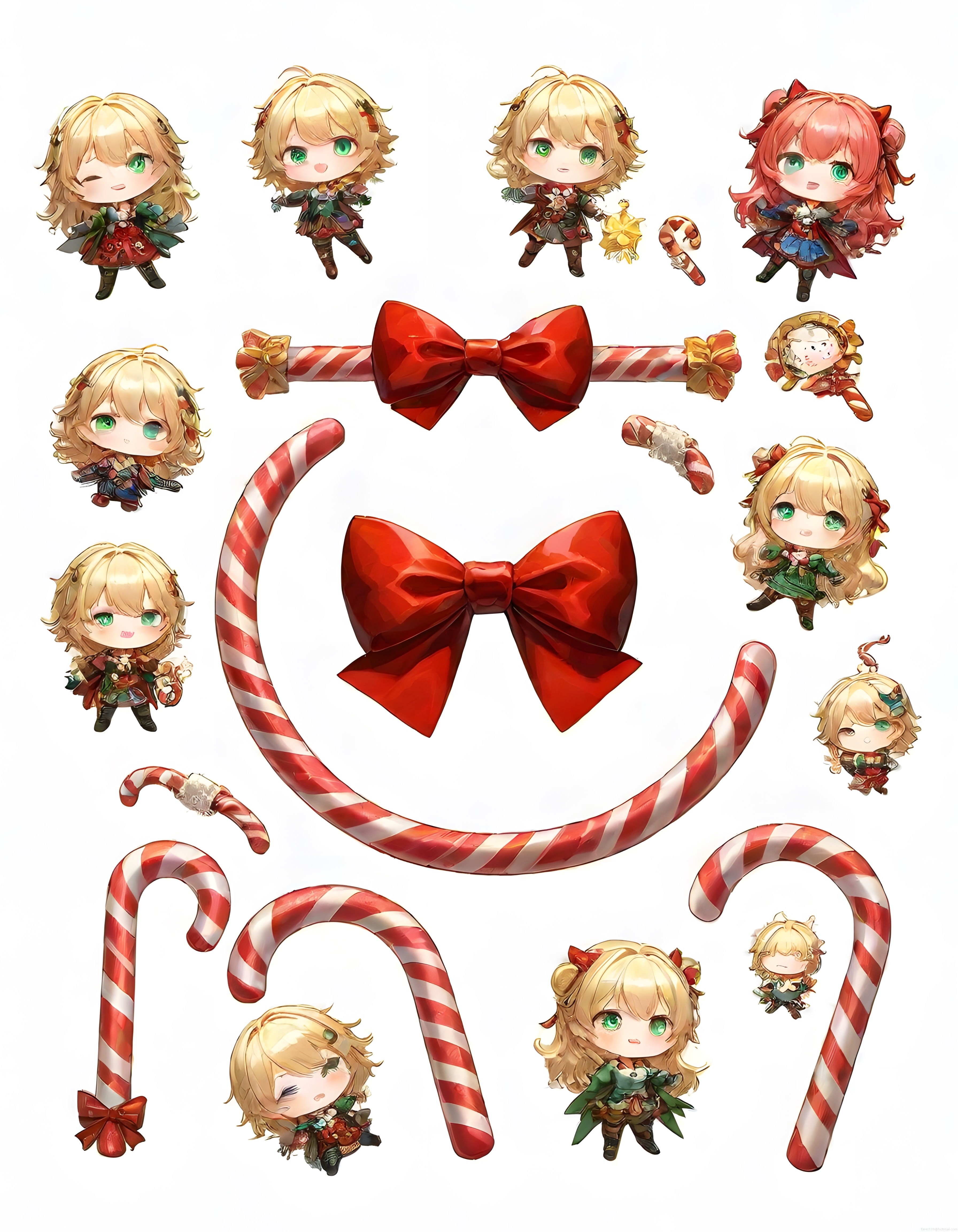 sevimli chibi anime karakterleri ve yılbaşı şeker kamışı noel illüstrasyonu