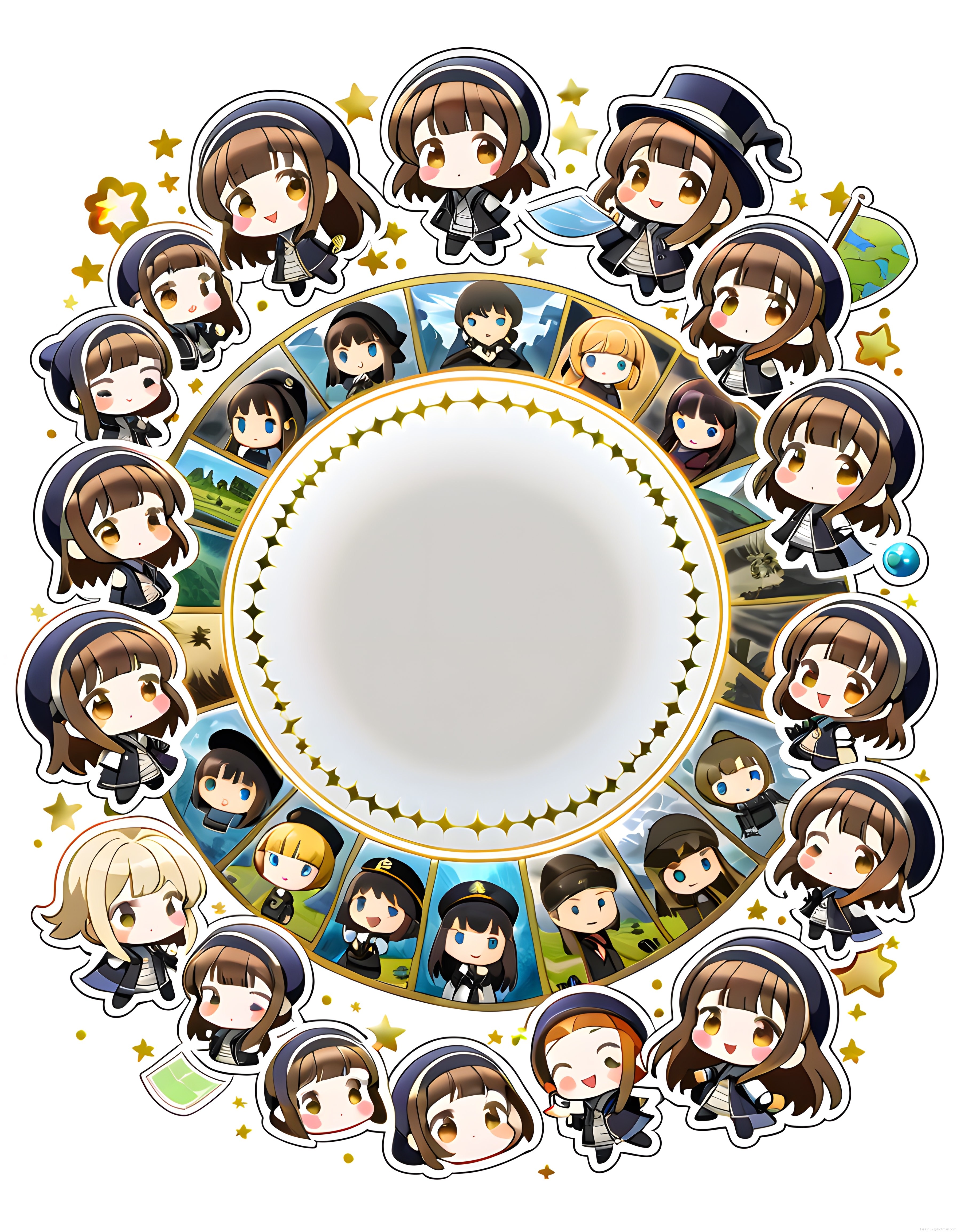 Sevimli Chibi Anime Karakterleri ve Yıldızlarla Boş Yuvarlak Çerçeve Tasarımı