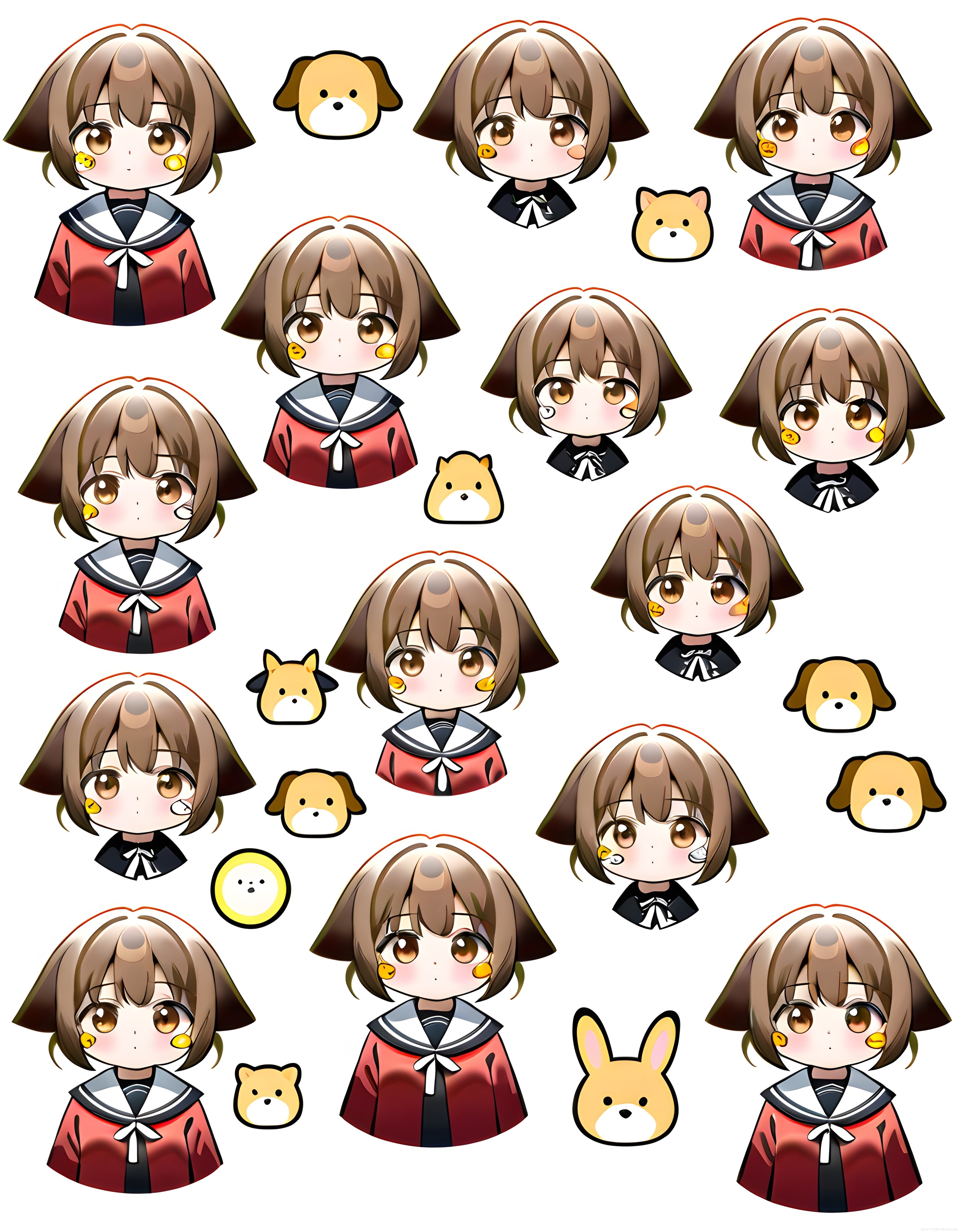 Sevimli Chibi Anime Kız Karakter ve Hayvan Sticker Dijital Çizim Seti