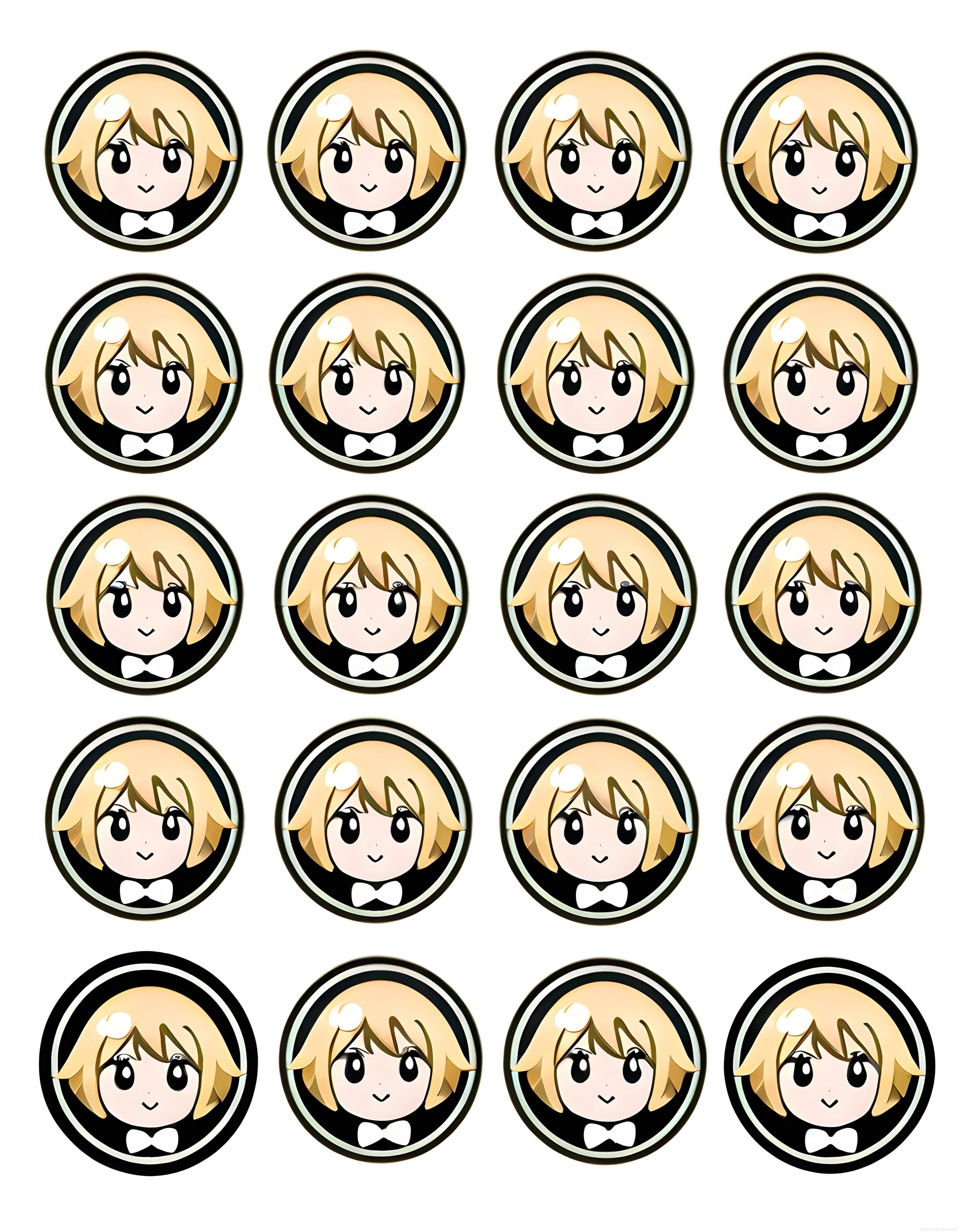 Sevimli chibi anime kız karakteri yirmi farklı duygu ve yüz ifadesi rozeti