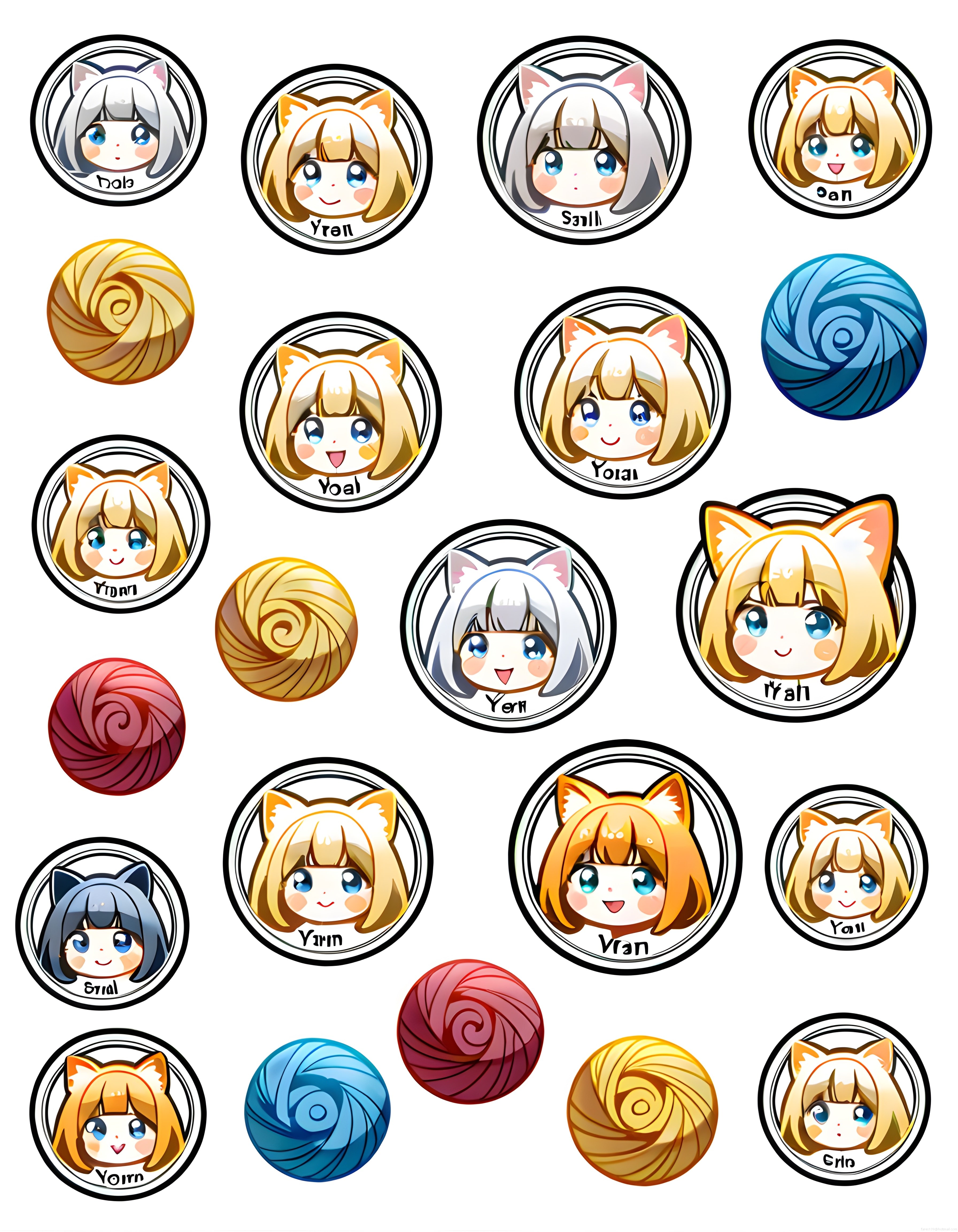 sevimli chibi anime kız rozetleri ve renkli sarmal toplar koleksiyonu