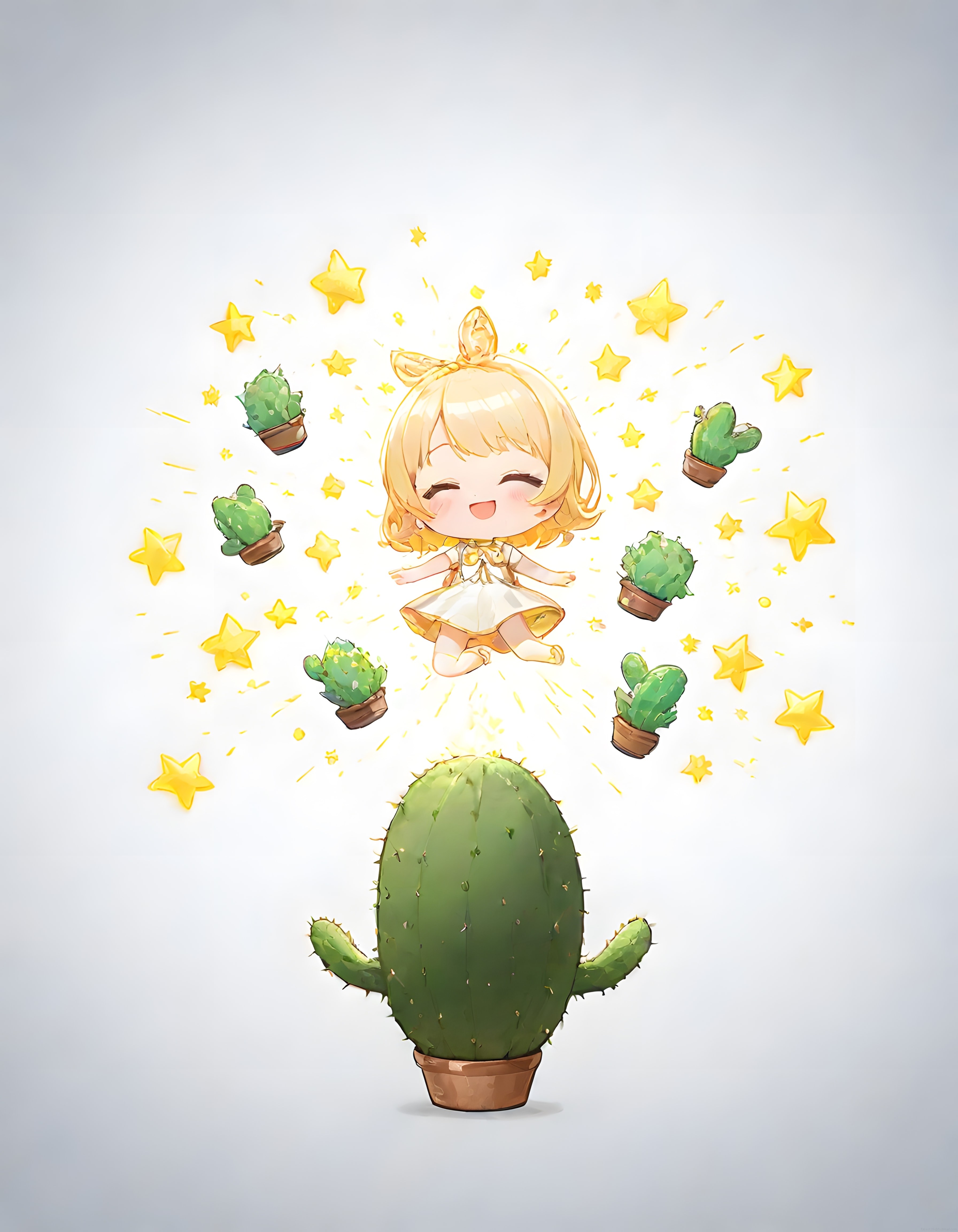 Sevimli chibi anime kız ve büyülü kaktüslerin dijital sanat macerası