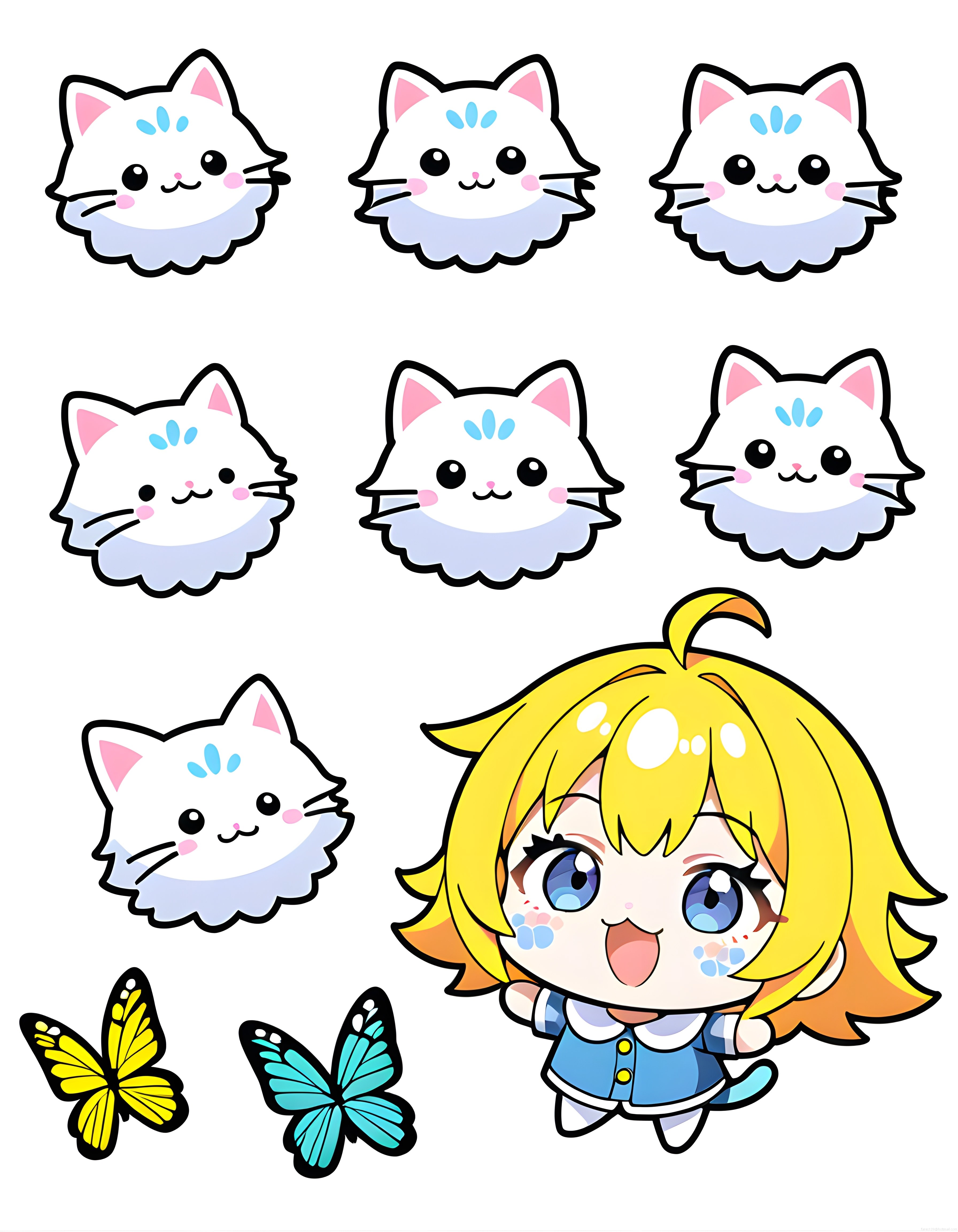 Sevimli Chibi Anime Kız ve Kawaii Kedi Yüzleri Sticker Vektör Seti