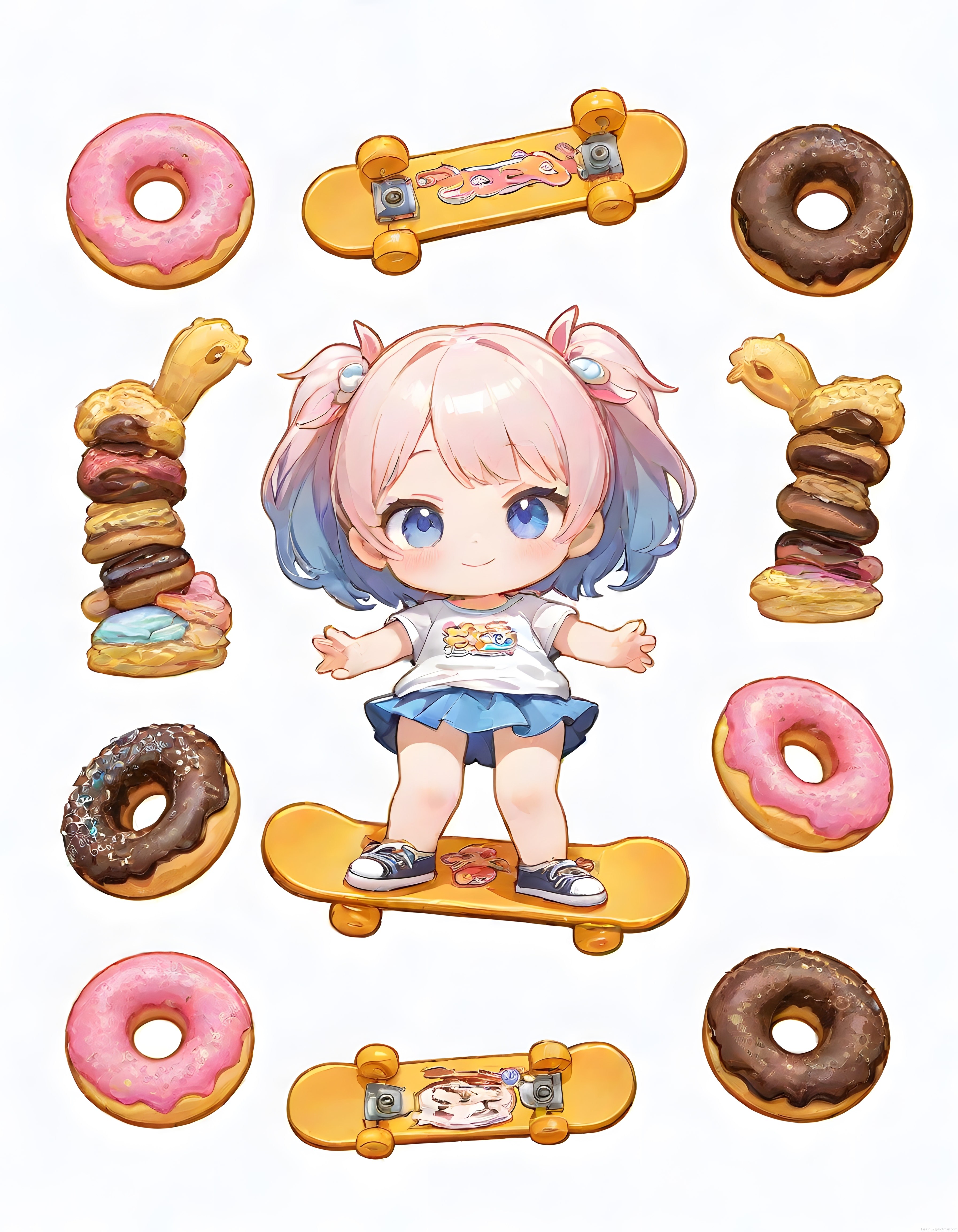Sevimli Chibi Anime Kız ve Kaykaylı Donut Temalı Renkli Çıkartma Seti
