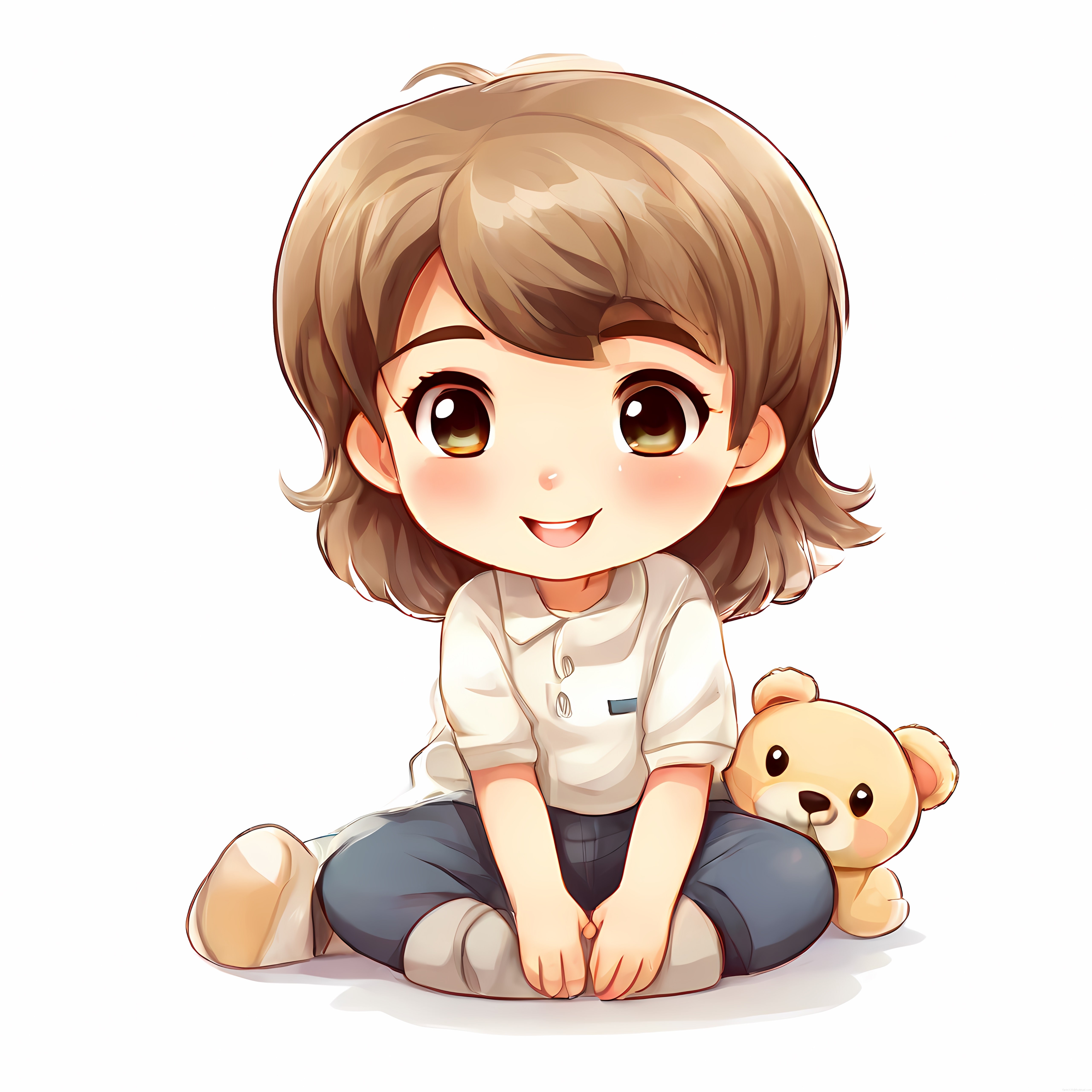 Sevimli Chibi Anime Kız ve Oyuncak Ayı ile Büyük Gözlü Dijital Çizim