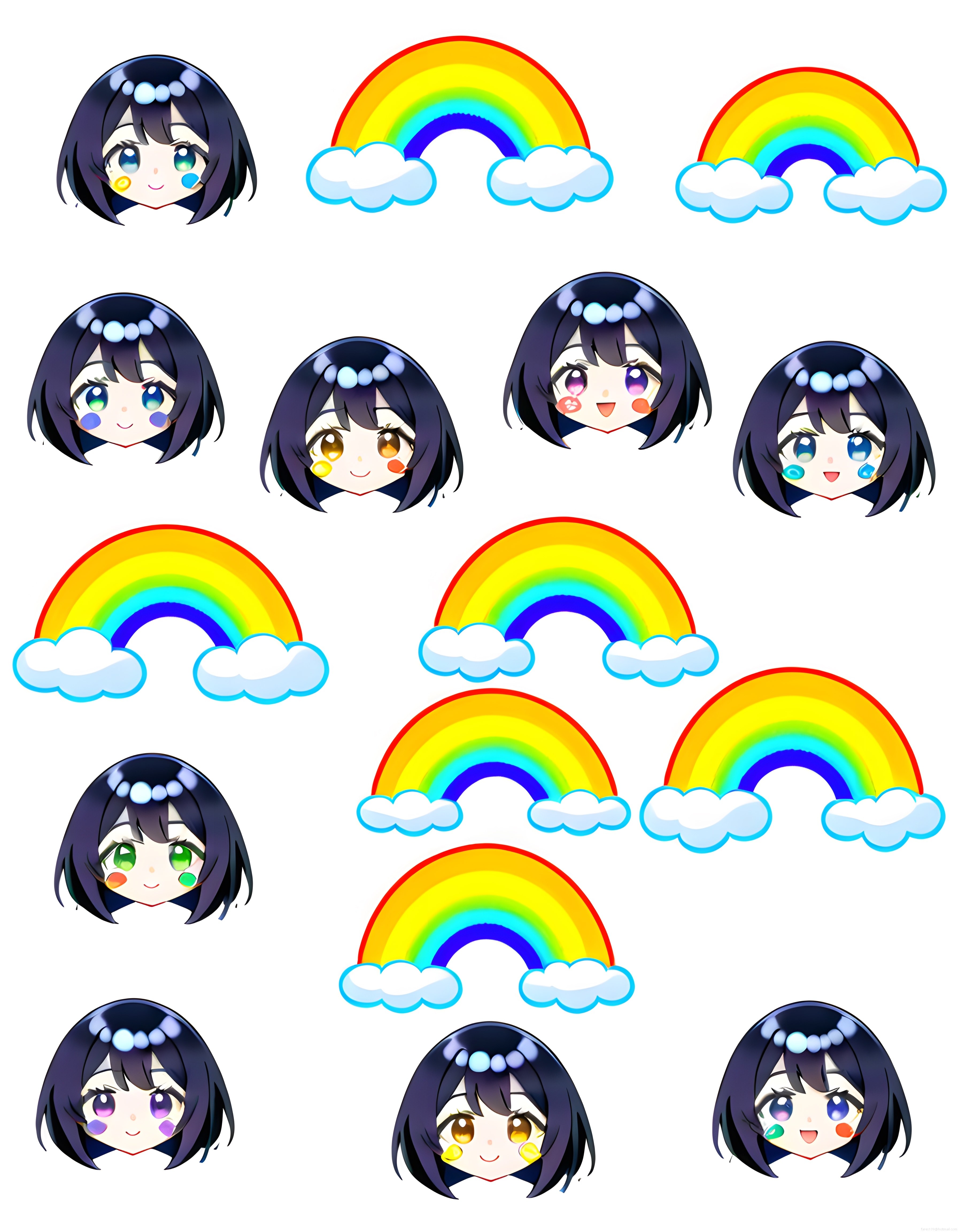 Sevimli Chibi Anime Kız Yüzleri ve Gökkuşağı Çıkartma Seti Dijital İllüstrasyon