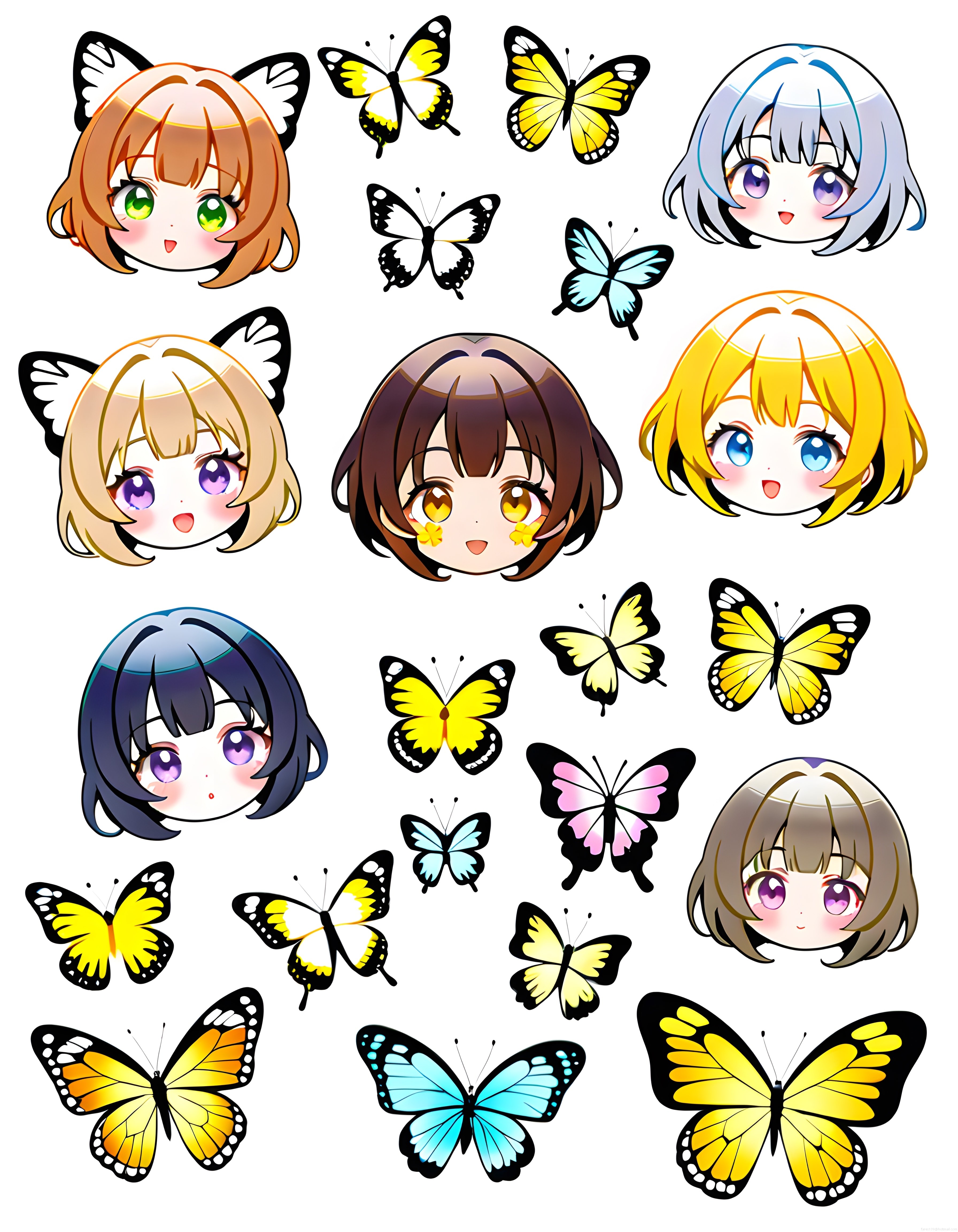 Sevimli Chibi Anime Kız Yüzleri ve Renkli Kelebekler Dijital Sticker Koleksiyonu