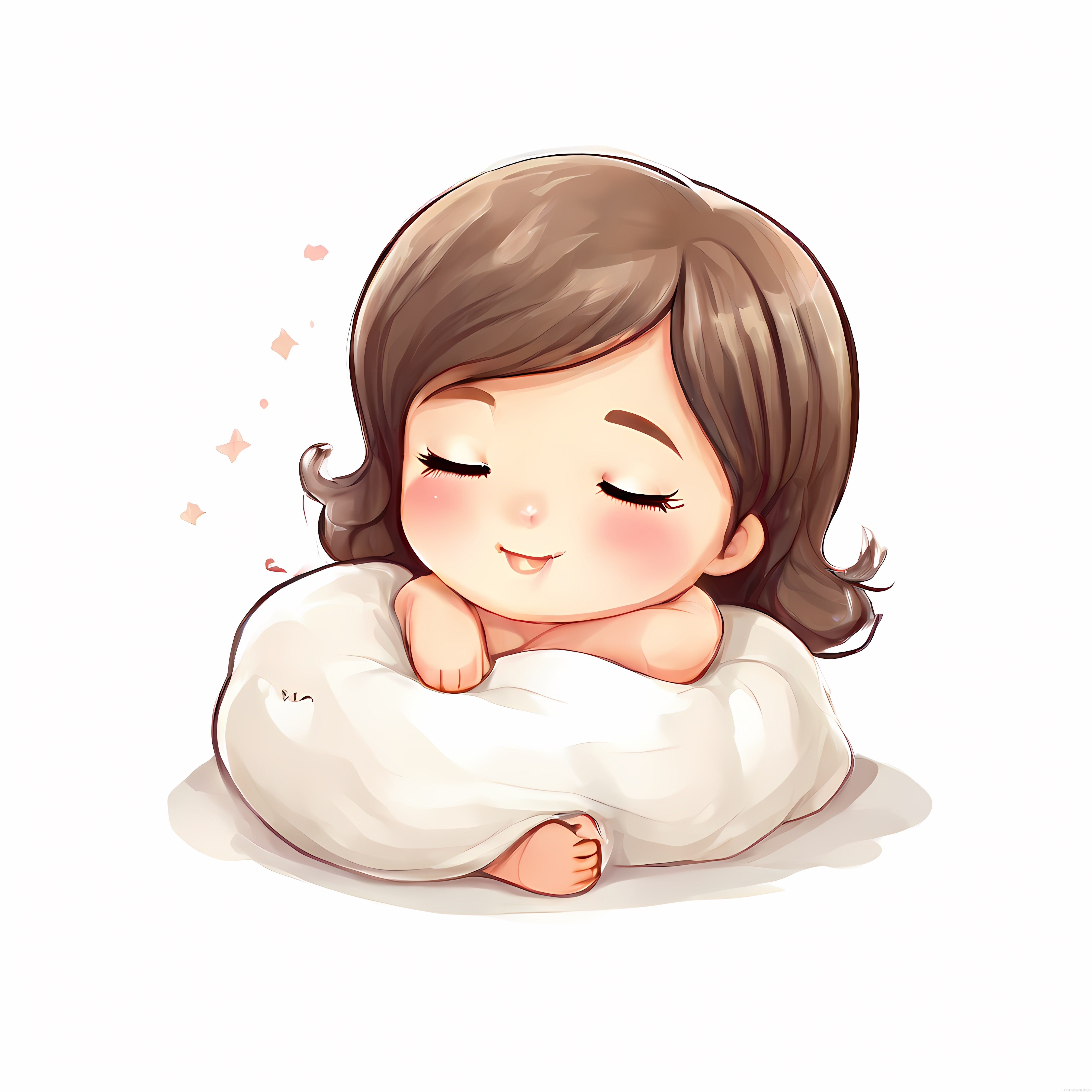 Sevimli Chibi Anime Kızı Beyaz Battaniyede Uyurken Gülümsüyor