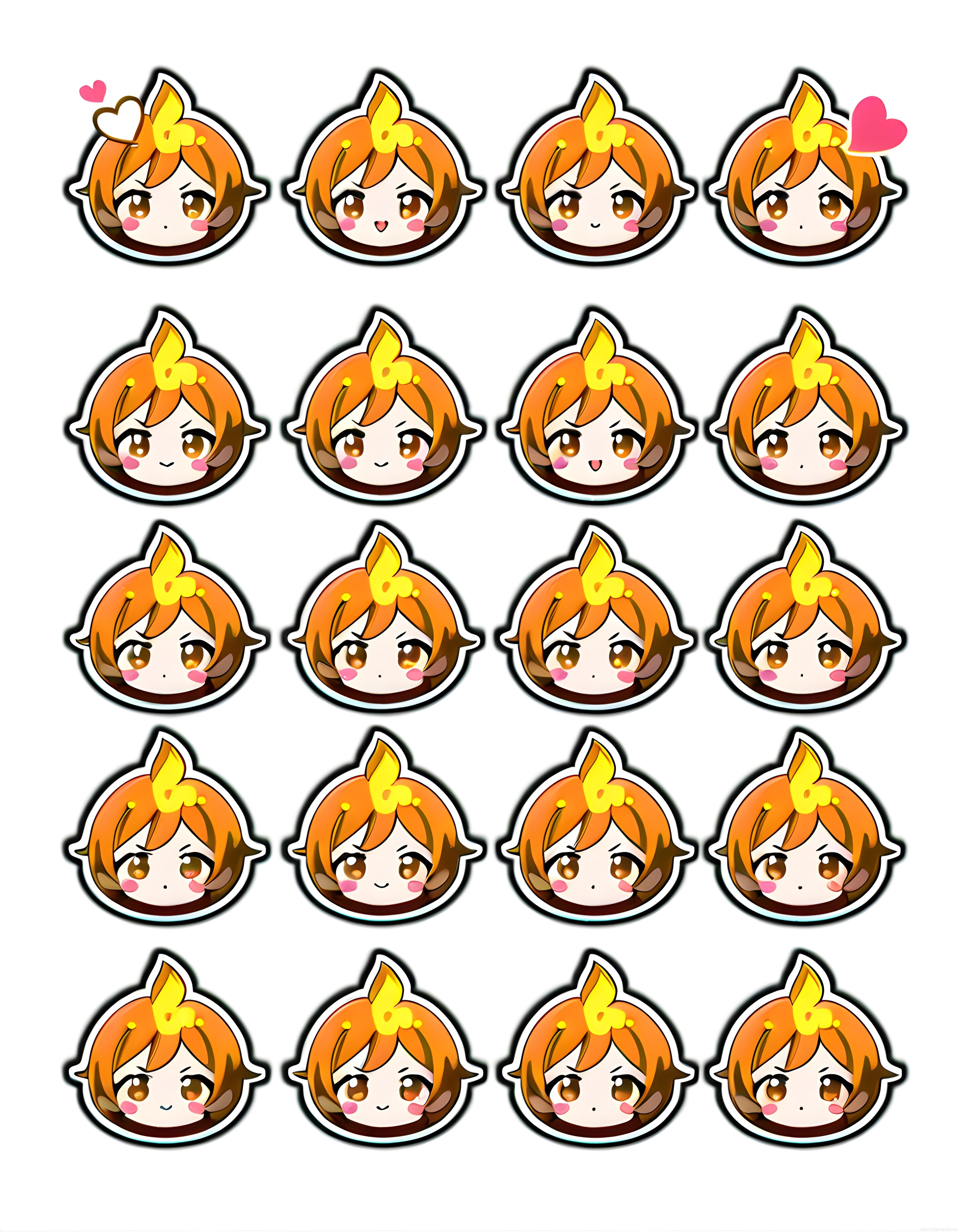 Sevimli Chibi Anime Kızı Yirmi Farklı Duygu ve Yüz İfadesi İçeren Sticker Seti