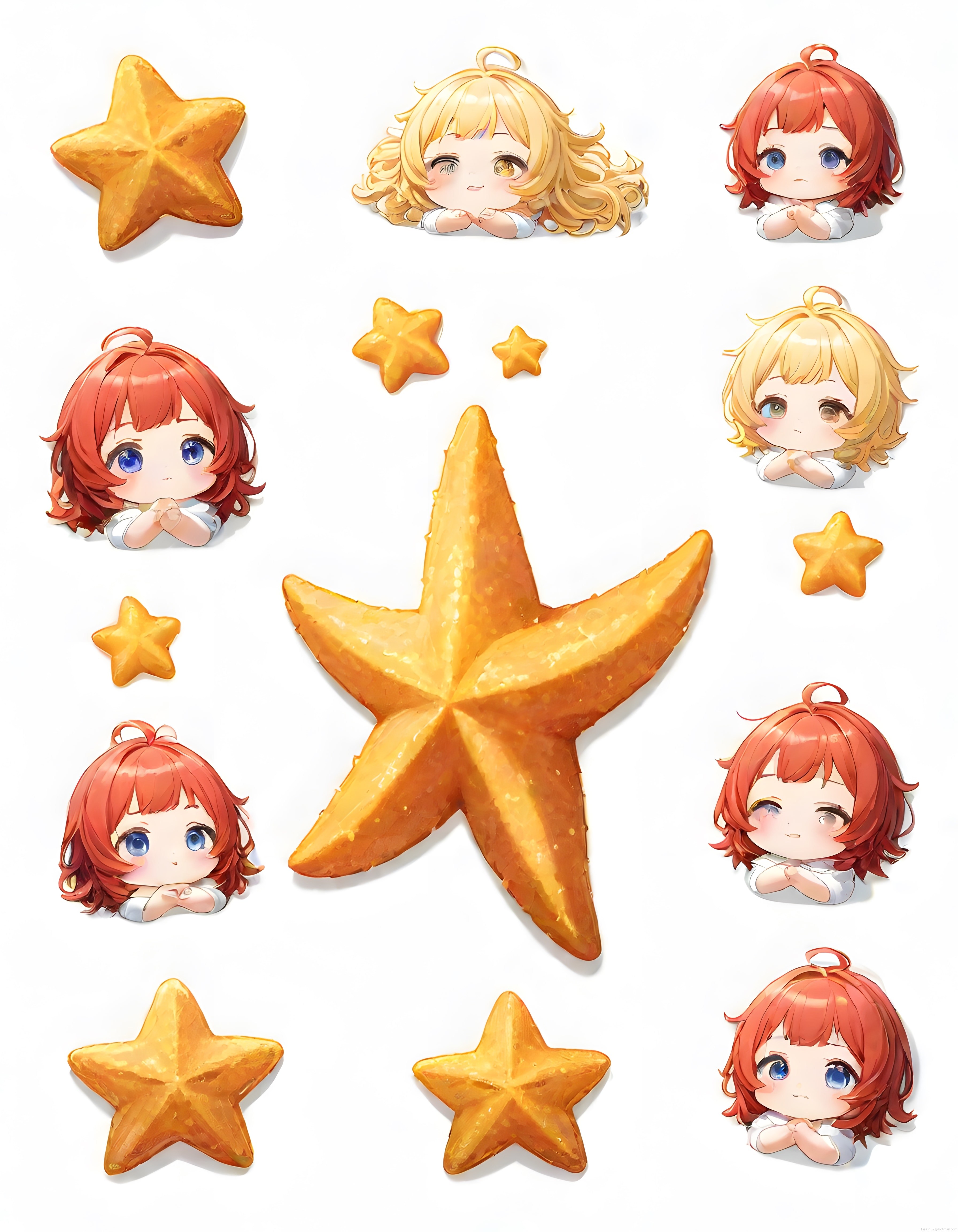 Sevimli chibi anime kızlar ve parlak altın yıldız sticker seti