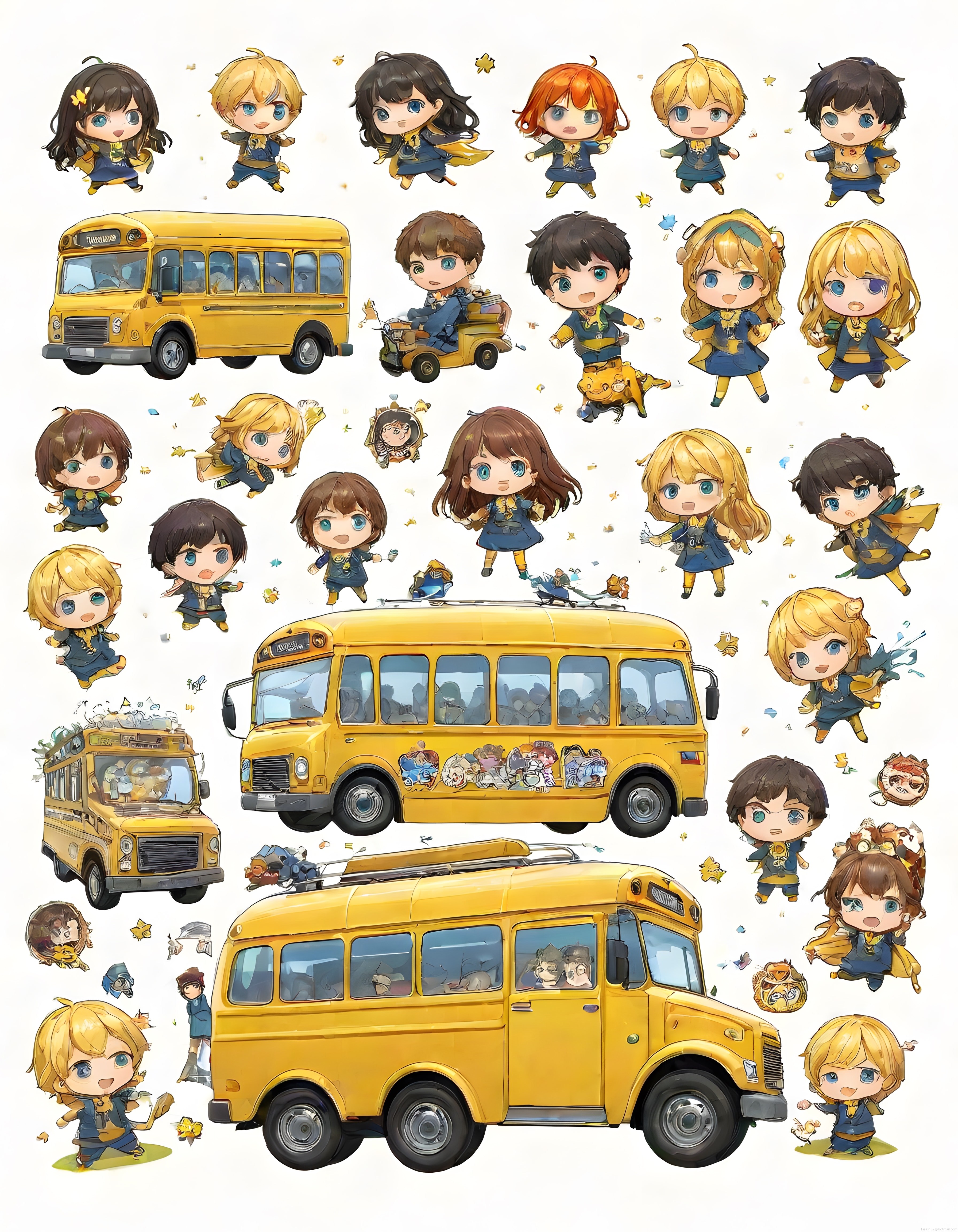 Sevimli Chibi Anime Öğrenciler ve Klasik Sarı Okul Otobüsü Sticker Seti