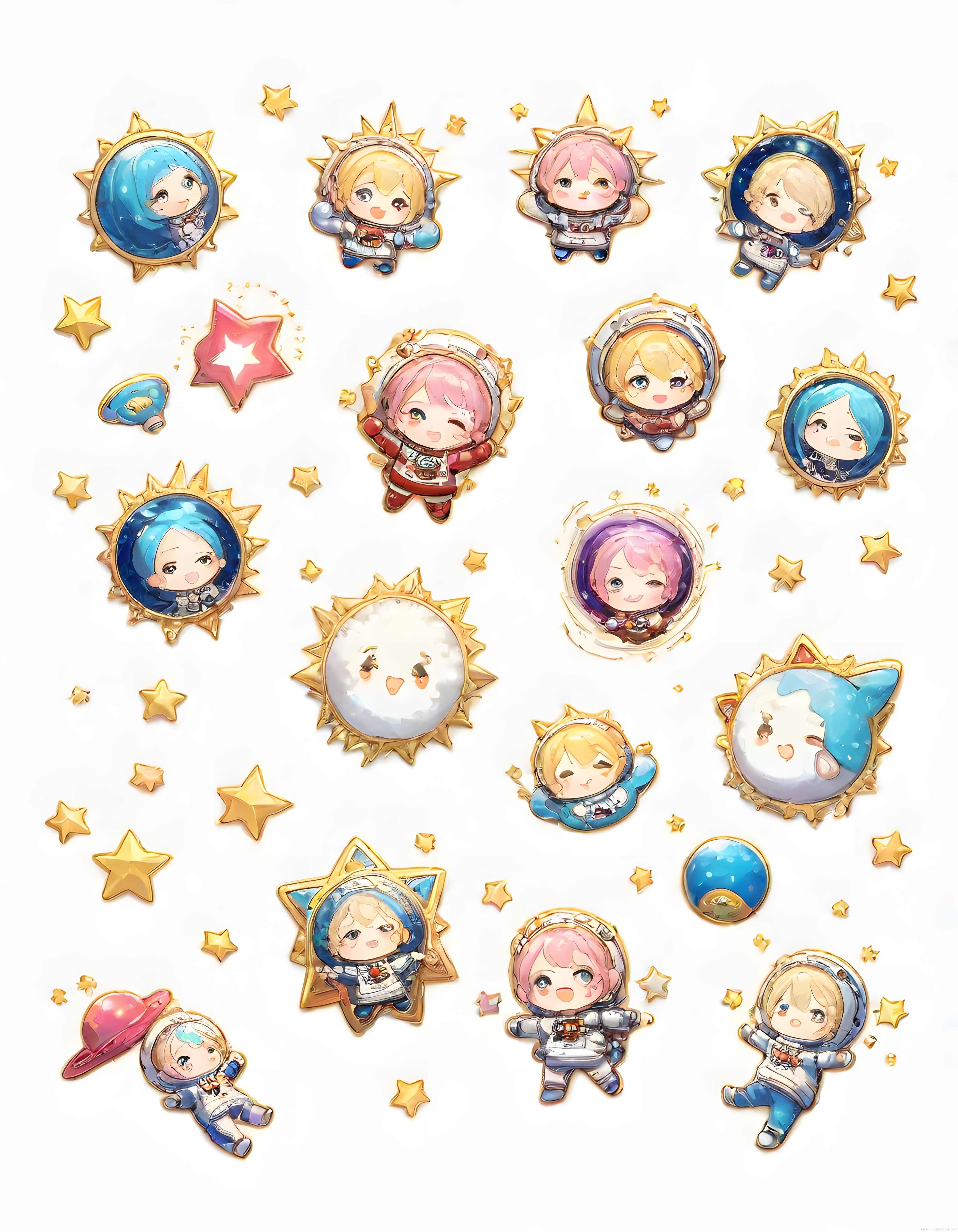 Sevimli Chibi Astronotlar ve Altın Yıldızlarla Uzay Temalı Anime Rozet Seti