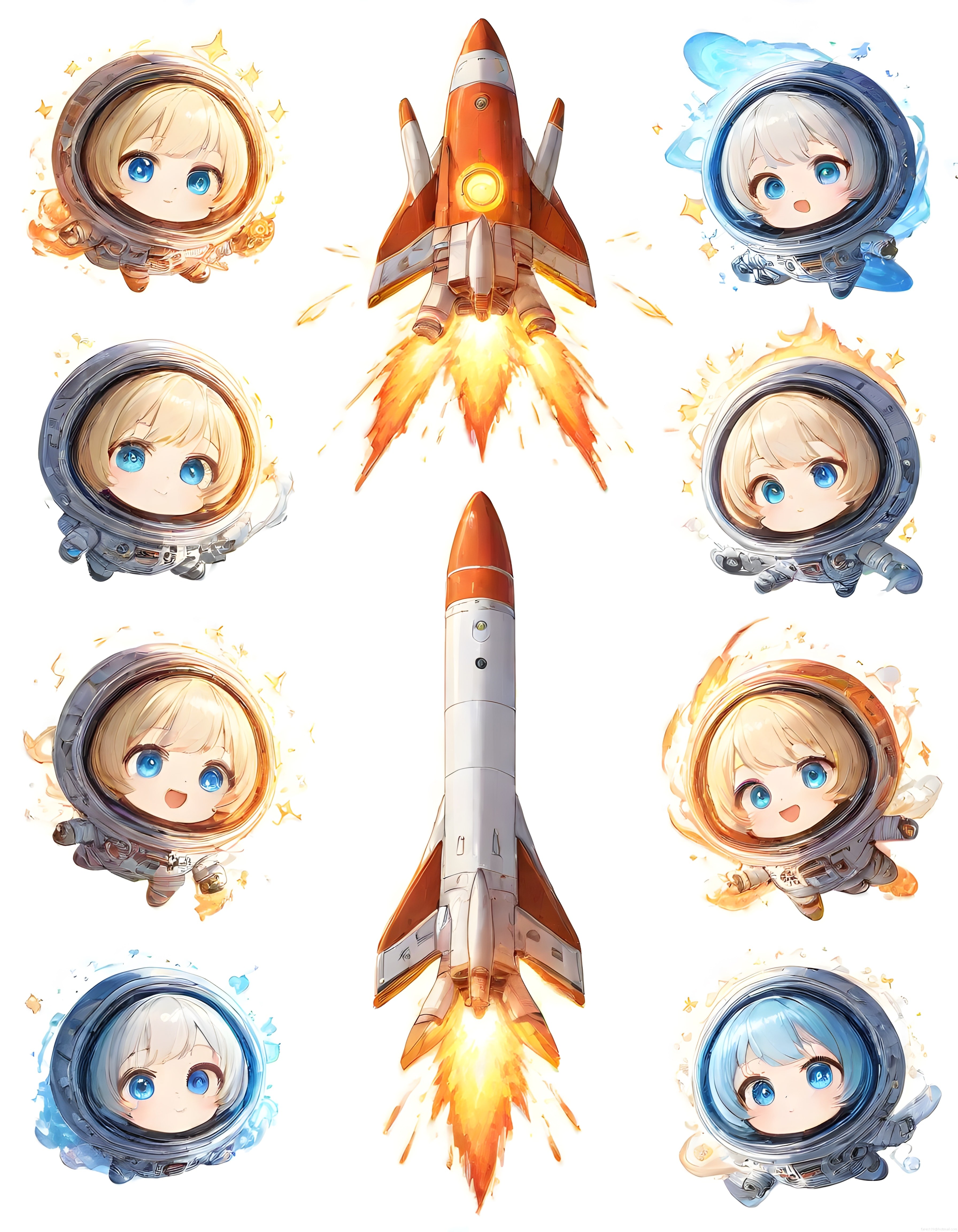 Sevimli Chibi Astronotlar ve Fırlatılan Roketlerin Renkli Dijital İllüstrasyonu