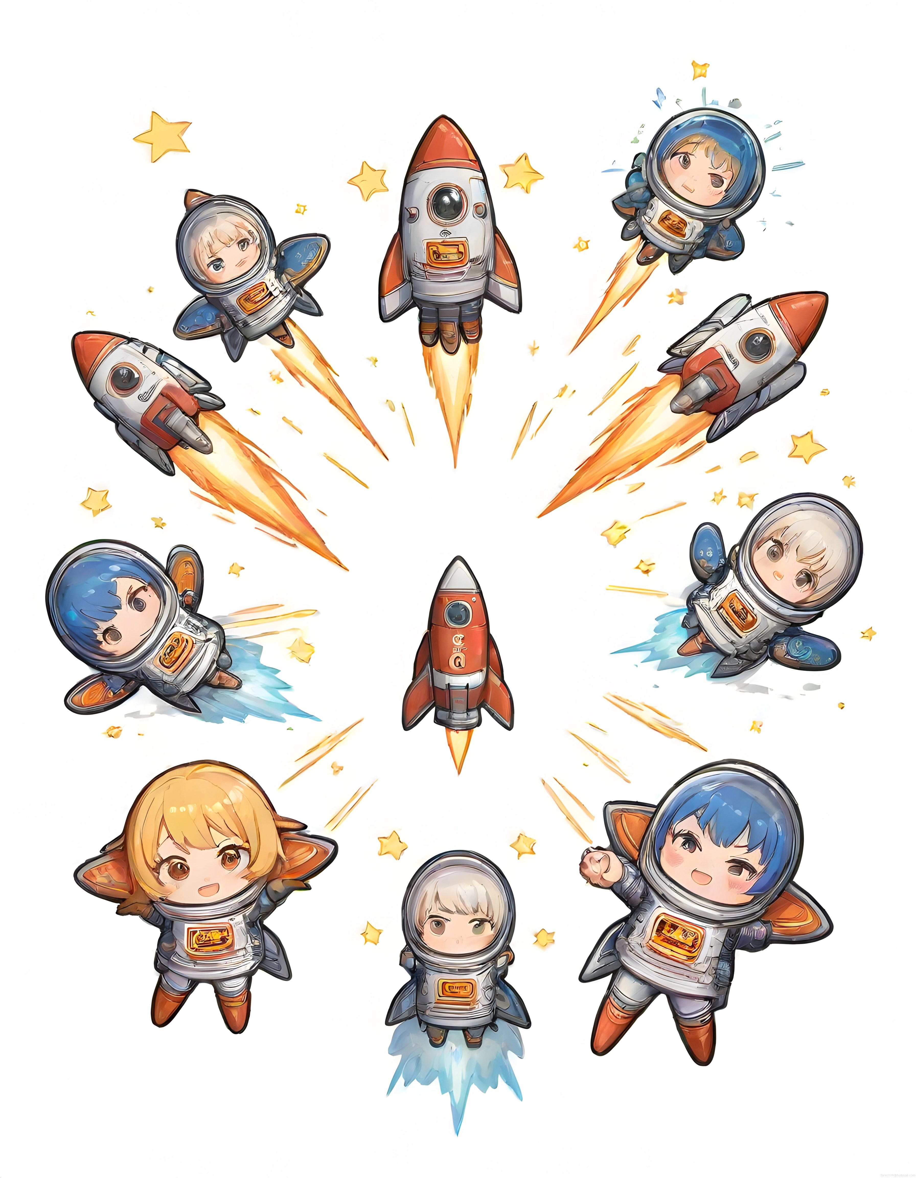 Sevimli Chibi Astronotlar ve Roketlerle Dolu Suluboya Uzay Macerası