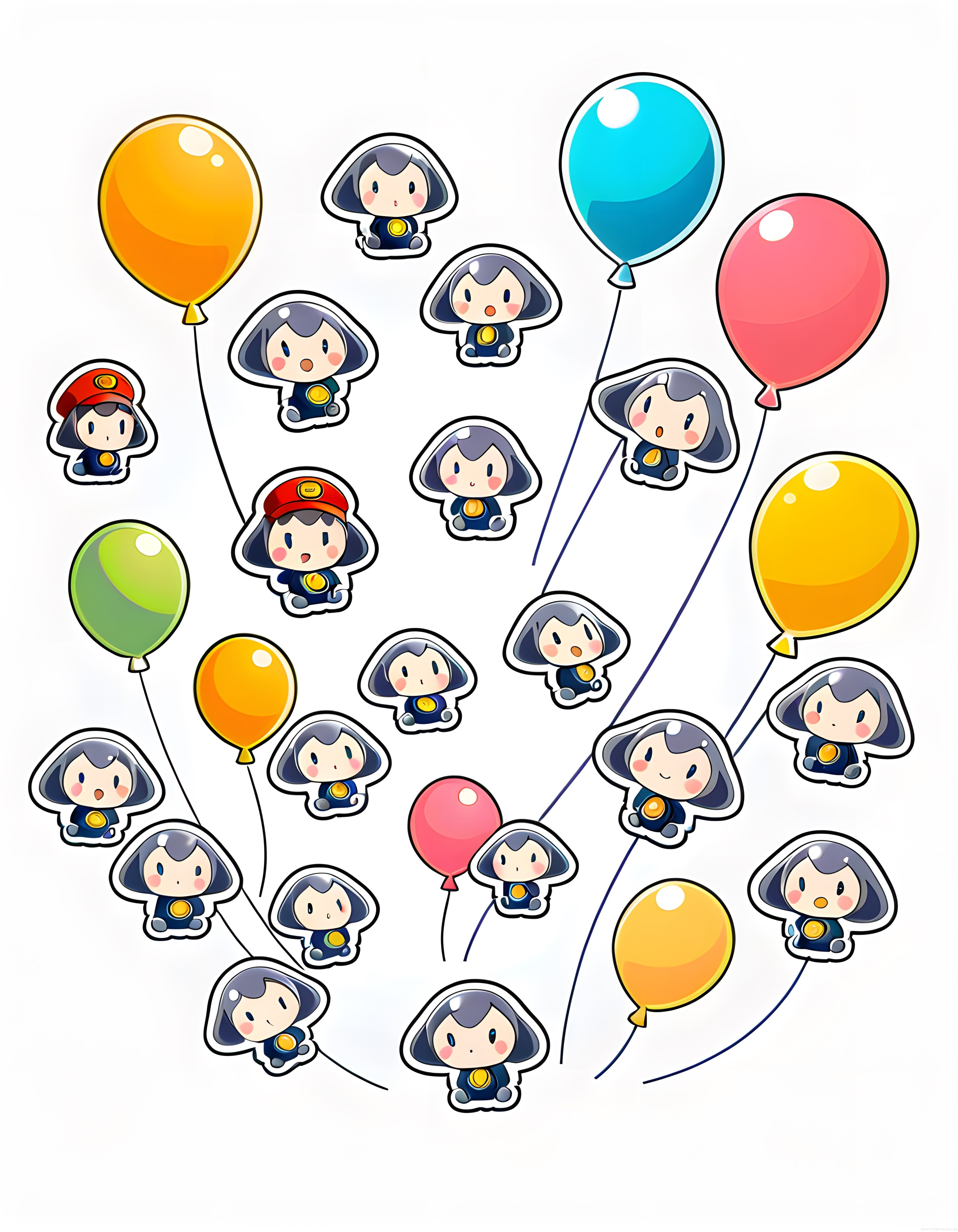 Sevimli Chibi Astronotların Renkli Balonlarla Süslendiği Kawaii Koleksiyon