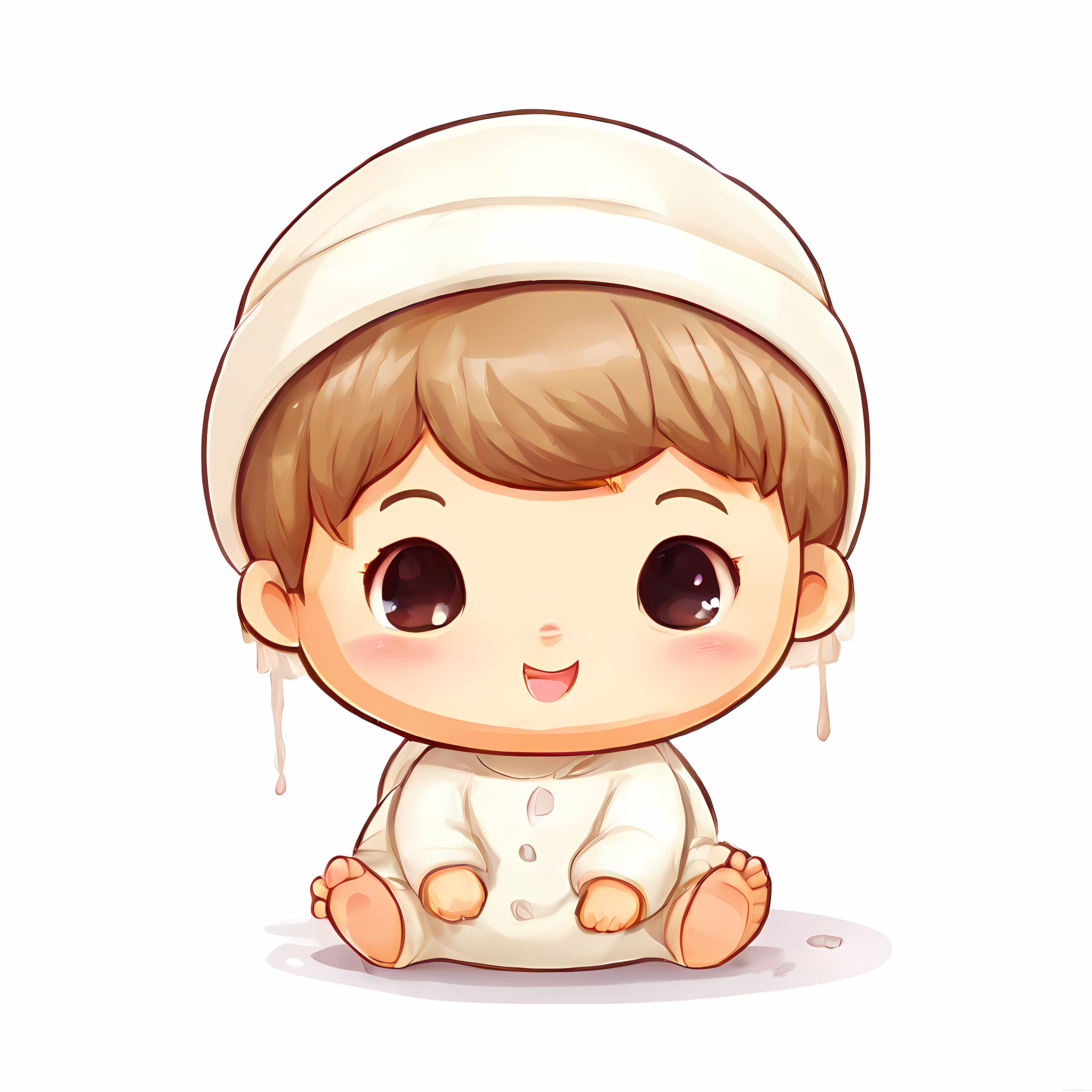 Sevimli chibi bebek: Büyük gözlü, bere ve tulumlu anime kawaii dijital çizim