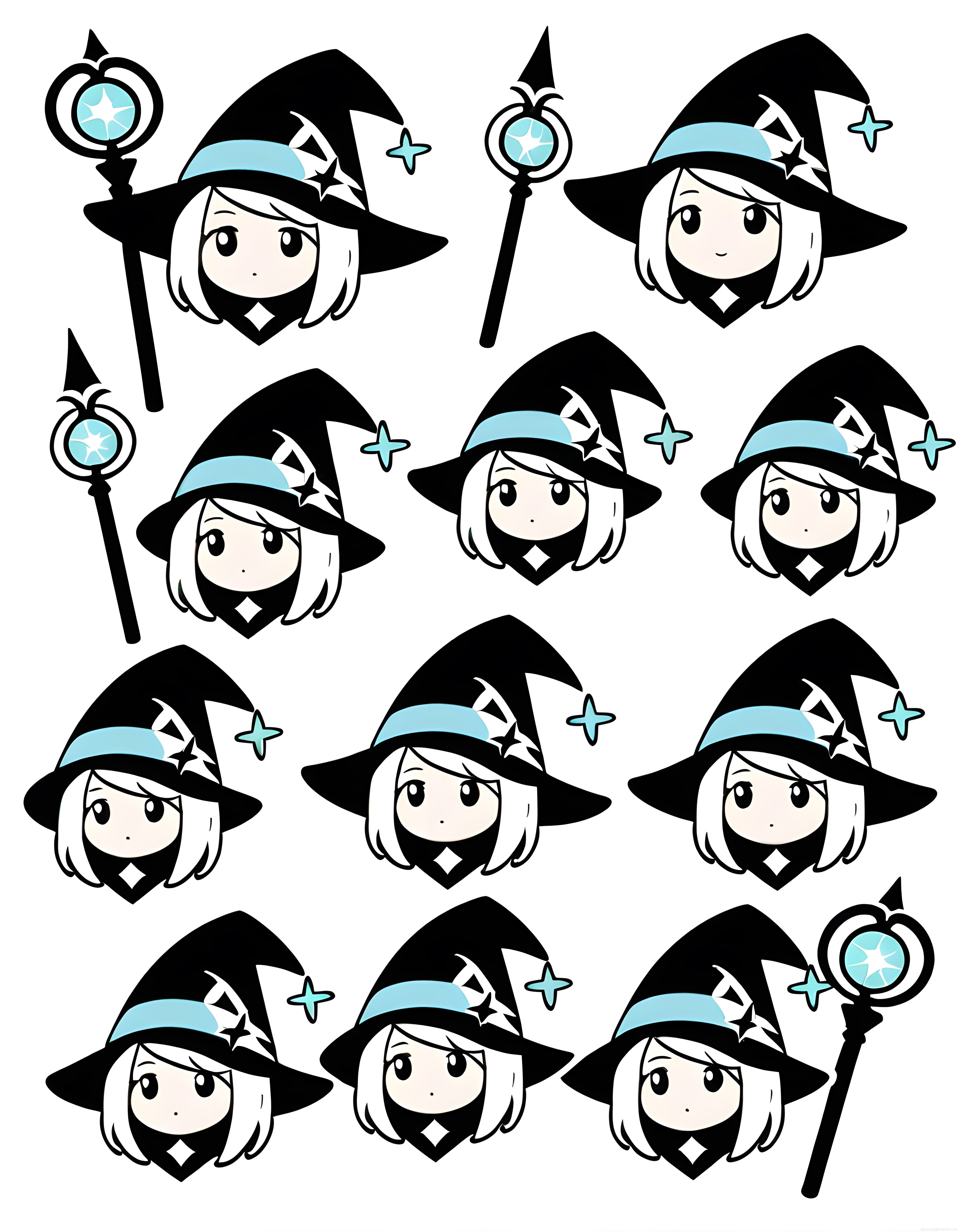 Sevimli chibi cadı karakteri farklı ifadeler ve pozlarla dijital çizim seti