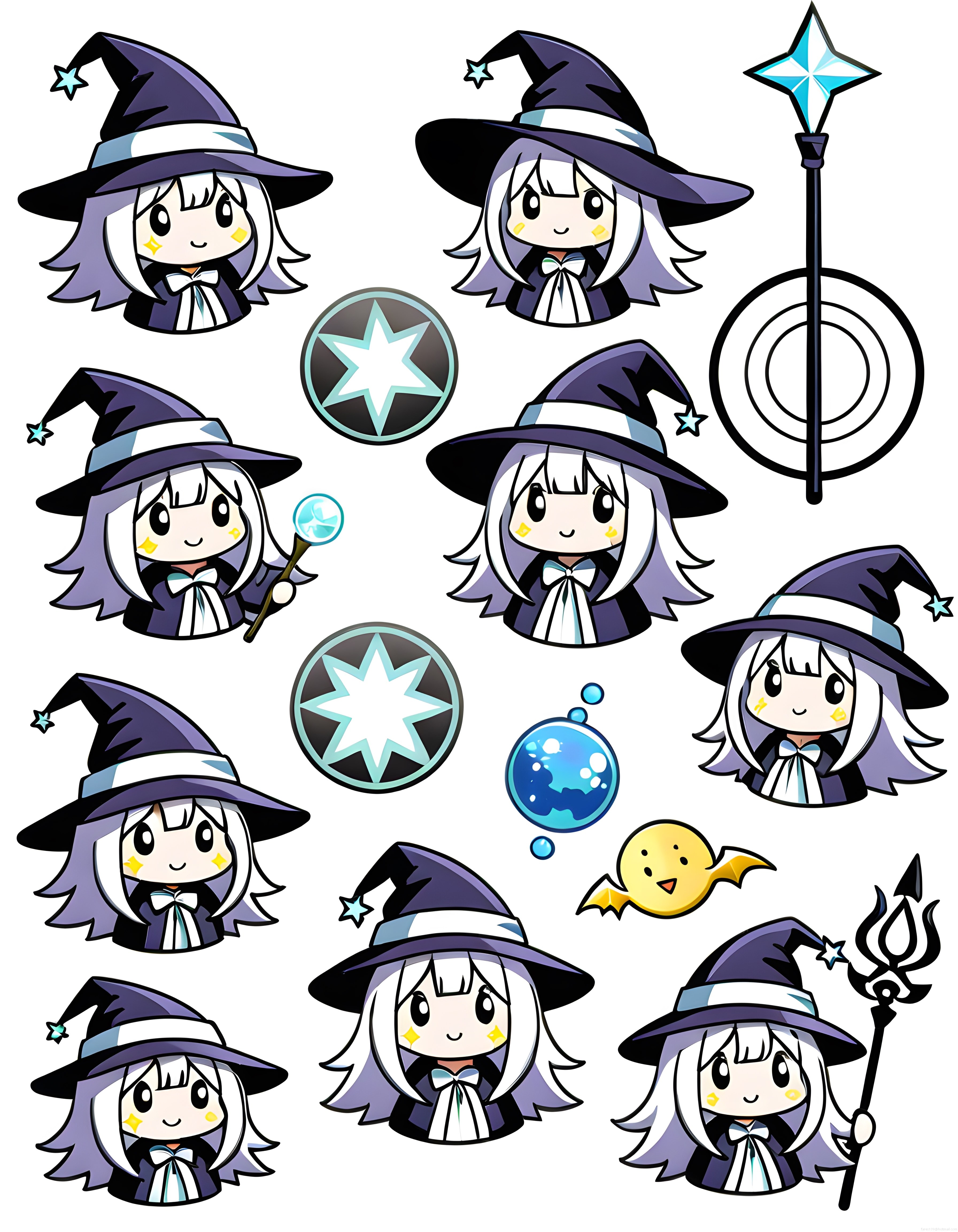 Sevimli chibi cadı karakterinin çıkartma seti ve sihirli aksesuarları