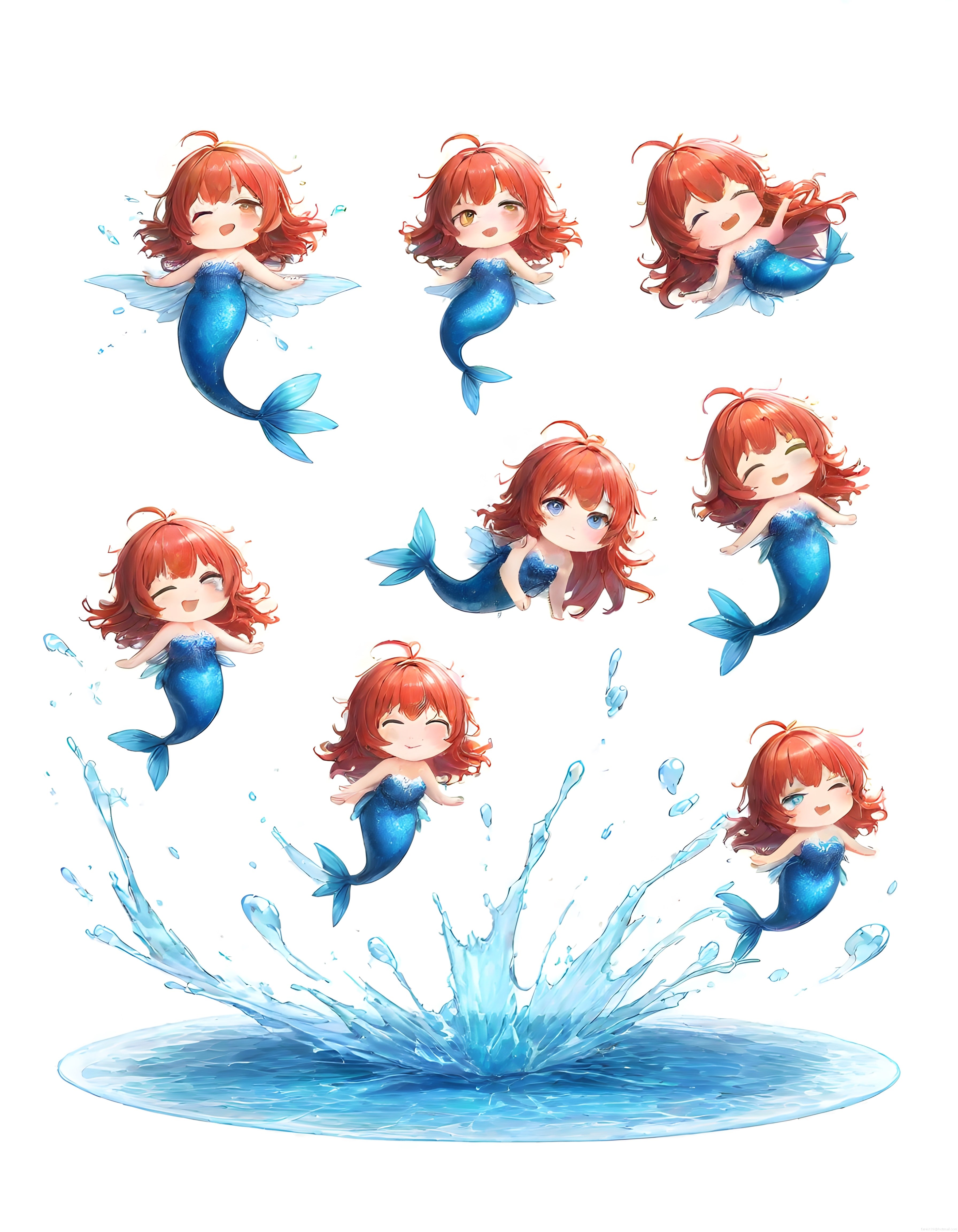 Sevimli Chibi Deniz Kızı Karakterleri ve Suya Atlayış Anı Dijital Çizim Seti