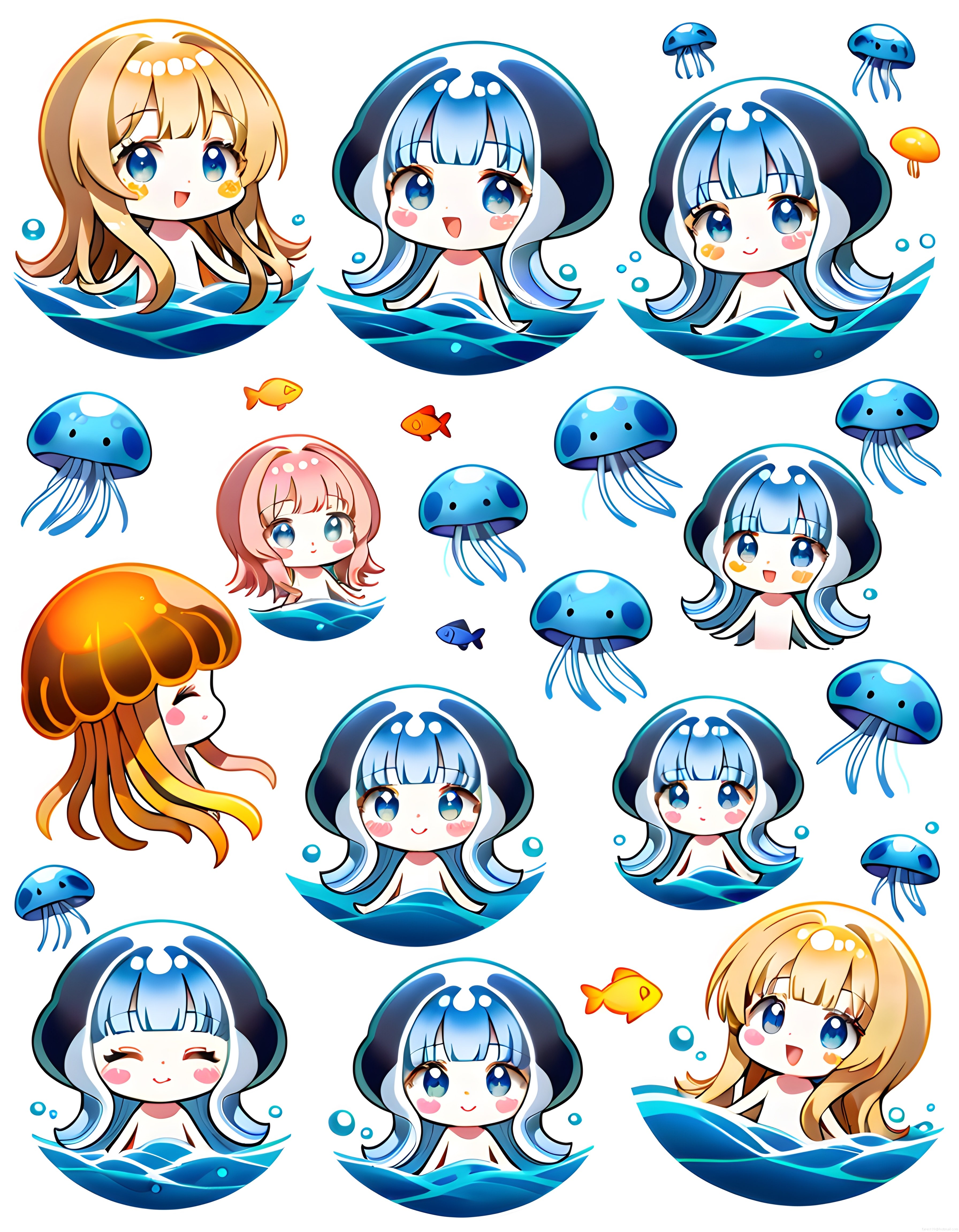 Sevimli Chibi Deniz Kızı ve Deniz Anası Temalı Anime Karakter Sticker Seti