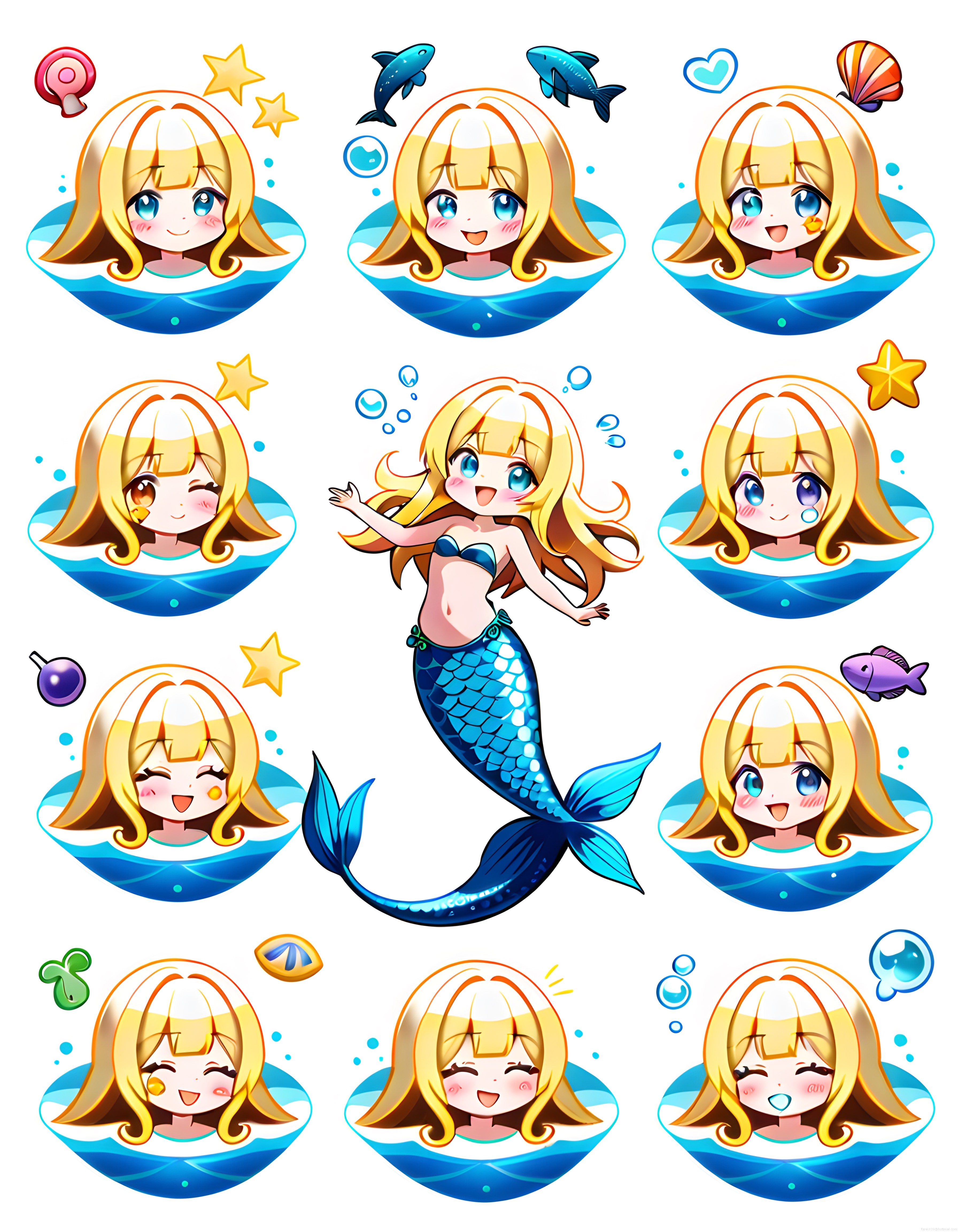 Sevimli Chibi Deniz Kızı ve Emoji İfade Varyasyonları Çizgi Film Seti