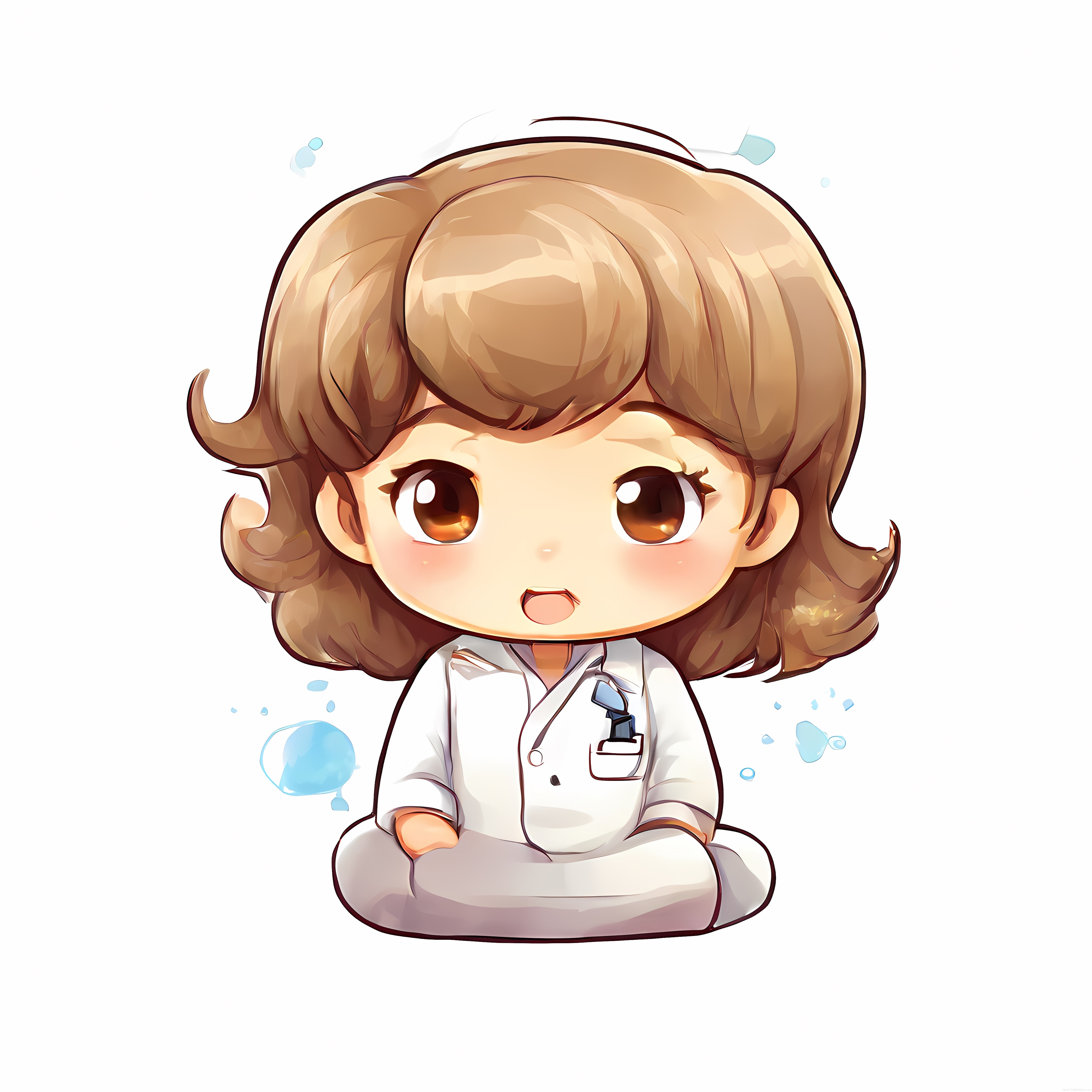 Sevimli chibi doktor kız karakteri ve mavi su parçacıklarıyla dijital çizim