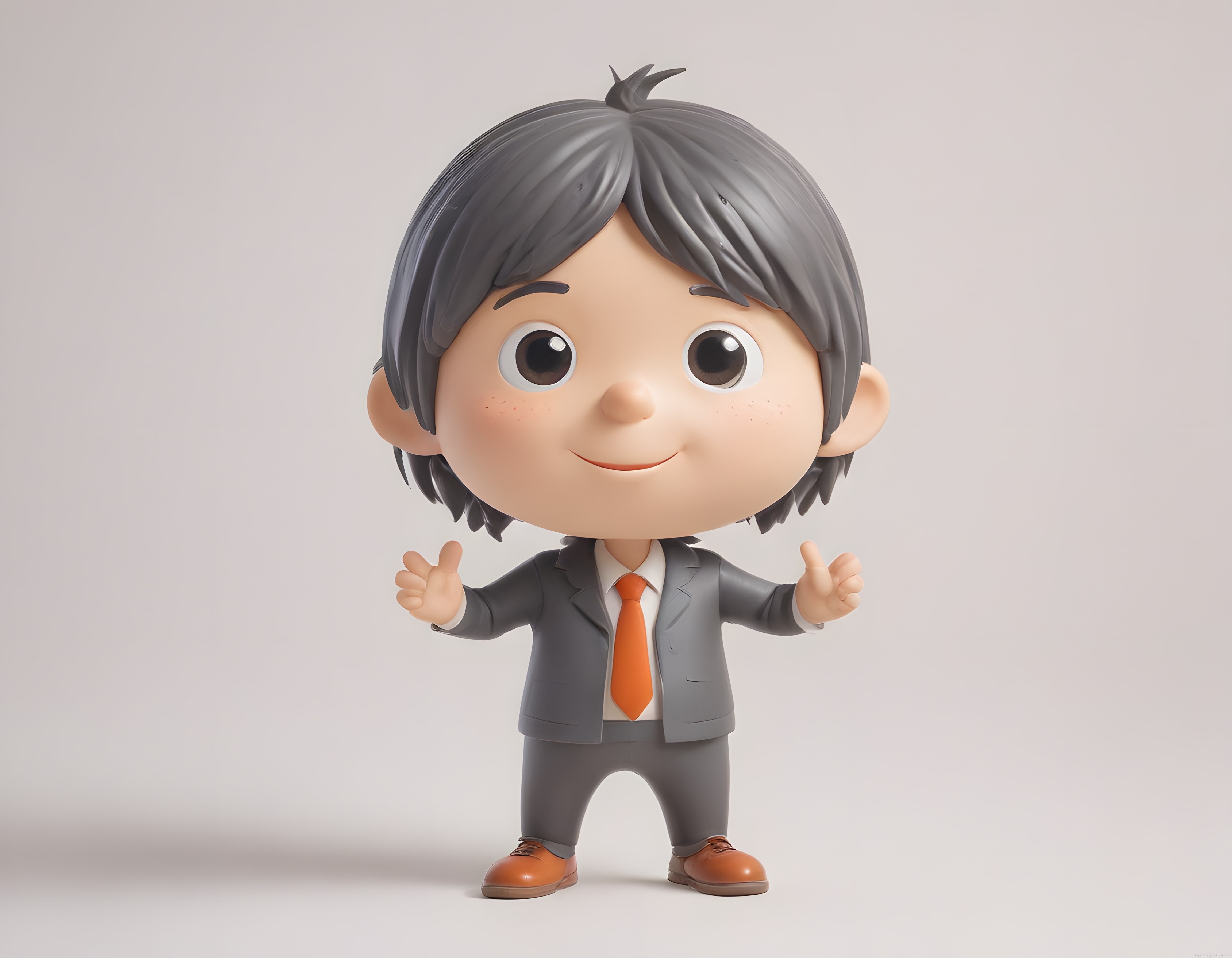 Sevimli Chibi İşadamı: Gri Takım Elbiseli ve Turuncu Kravatlı 3D Karakter