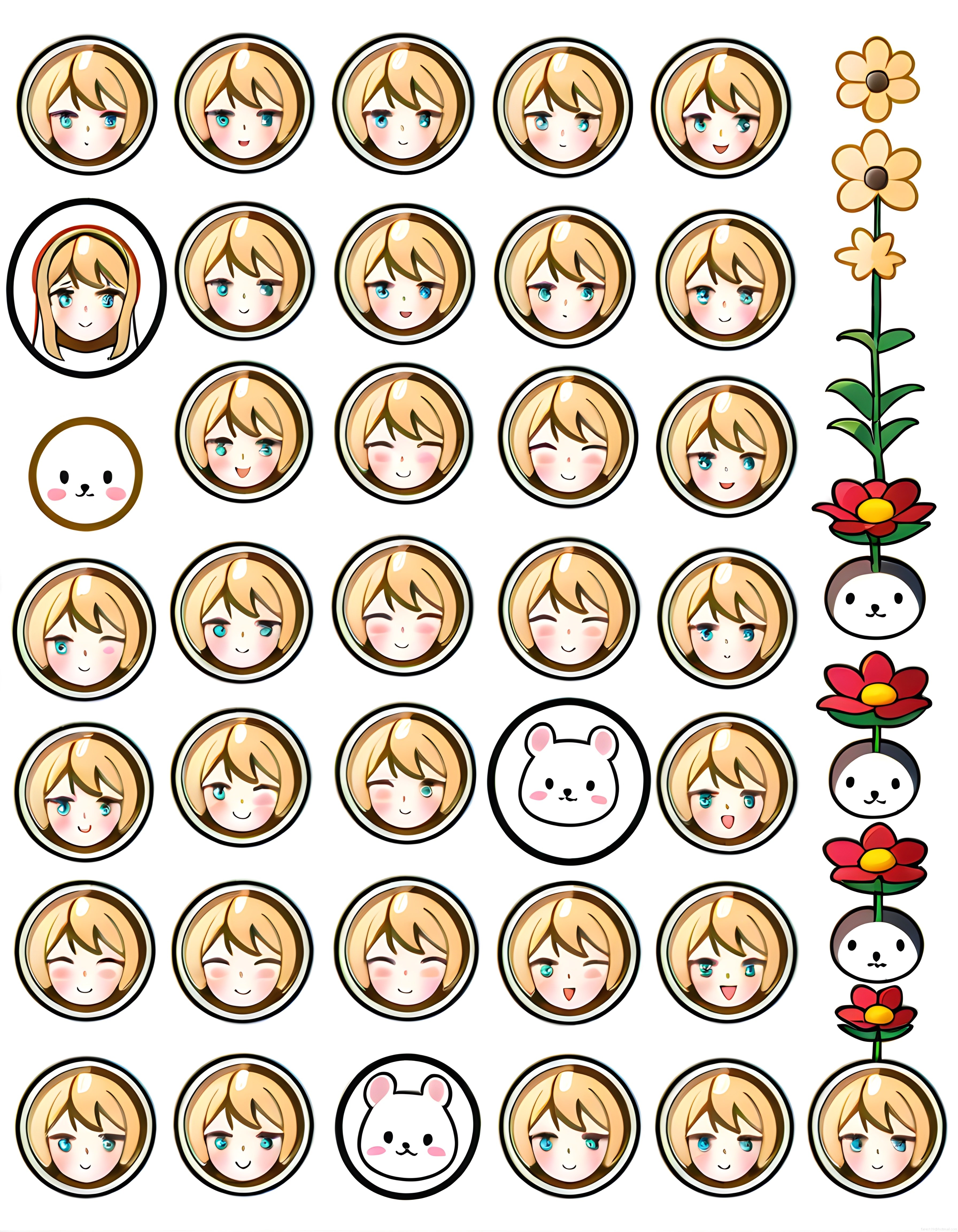 Sevimli Chibi Karakter Duygu İfadeleri ve Çiçekli Sticker Avatar Paketi