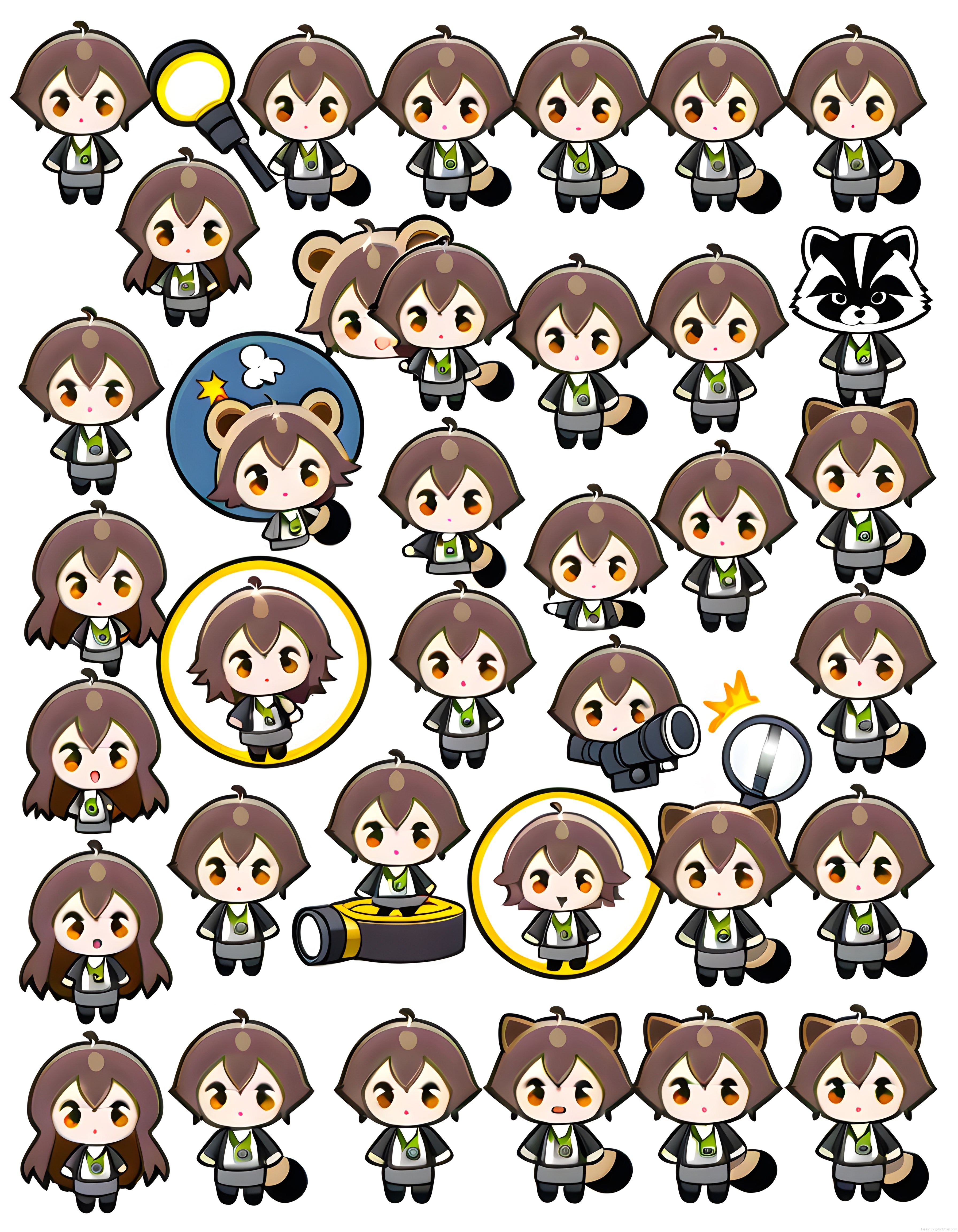 Sevimli Chibi Karakter Seti: Anime Tarzı Rakun Kız Sticker ve Poz Koleksiyonu