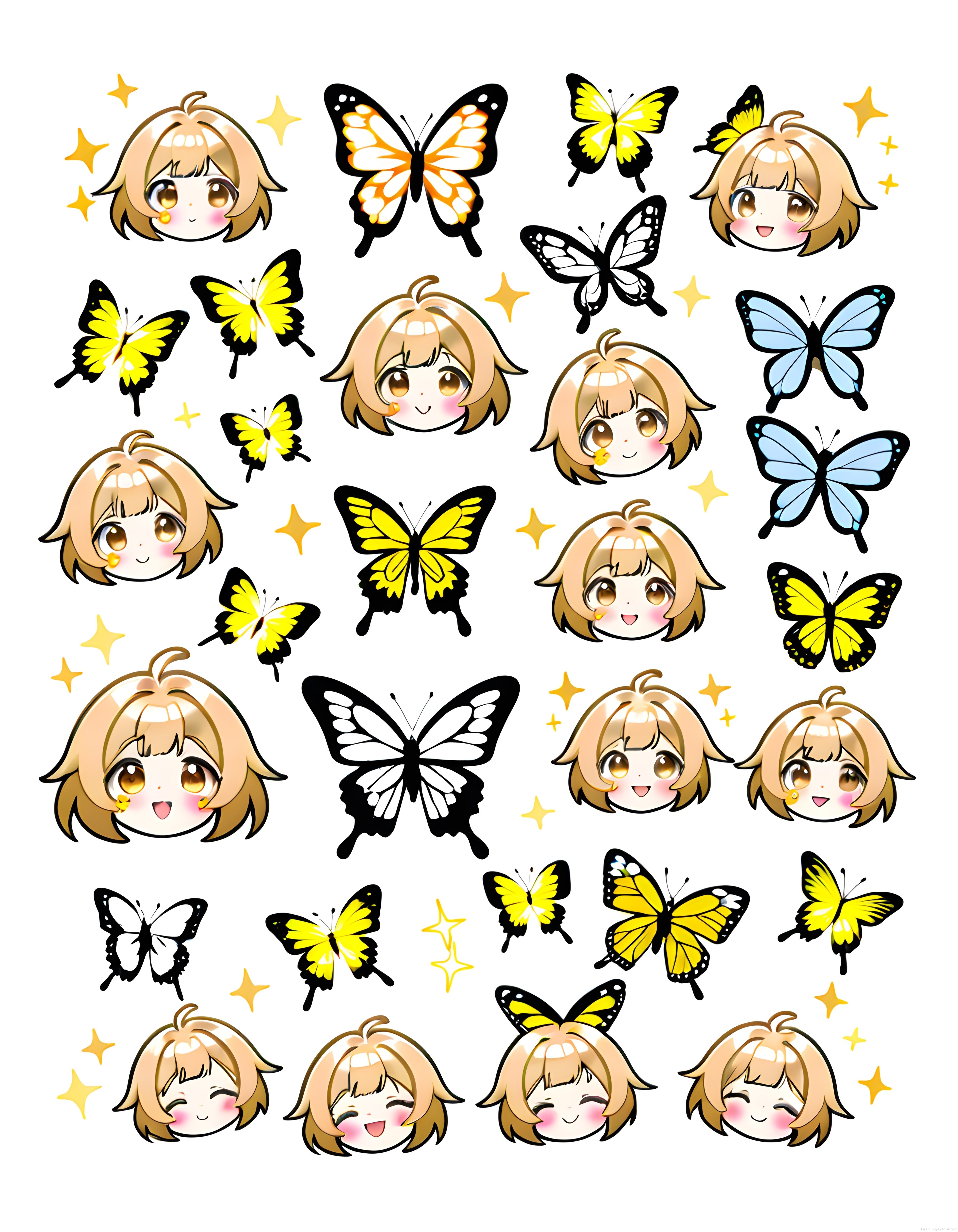 Sevimli Chibi Karakterler ve Renkli Kelebeklerden Oluşan Dijital Sticker Seti
