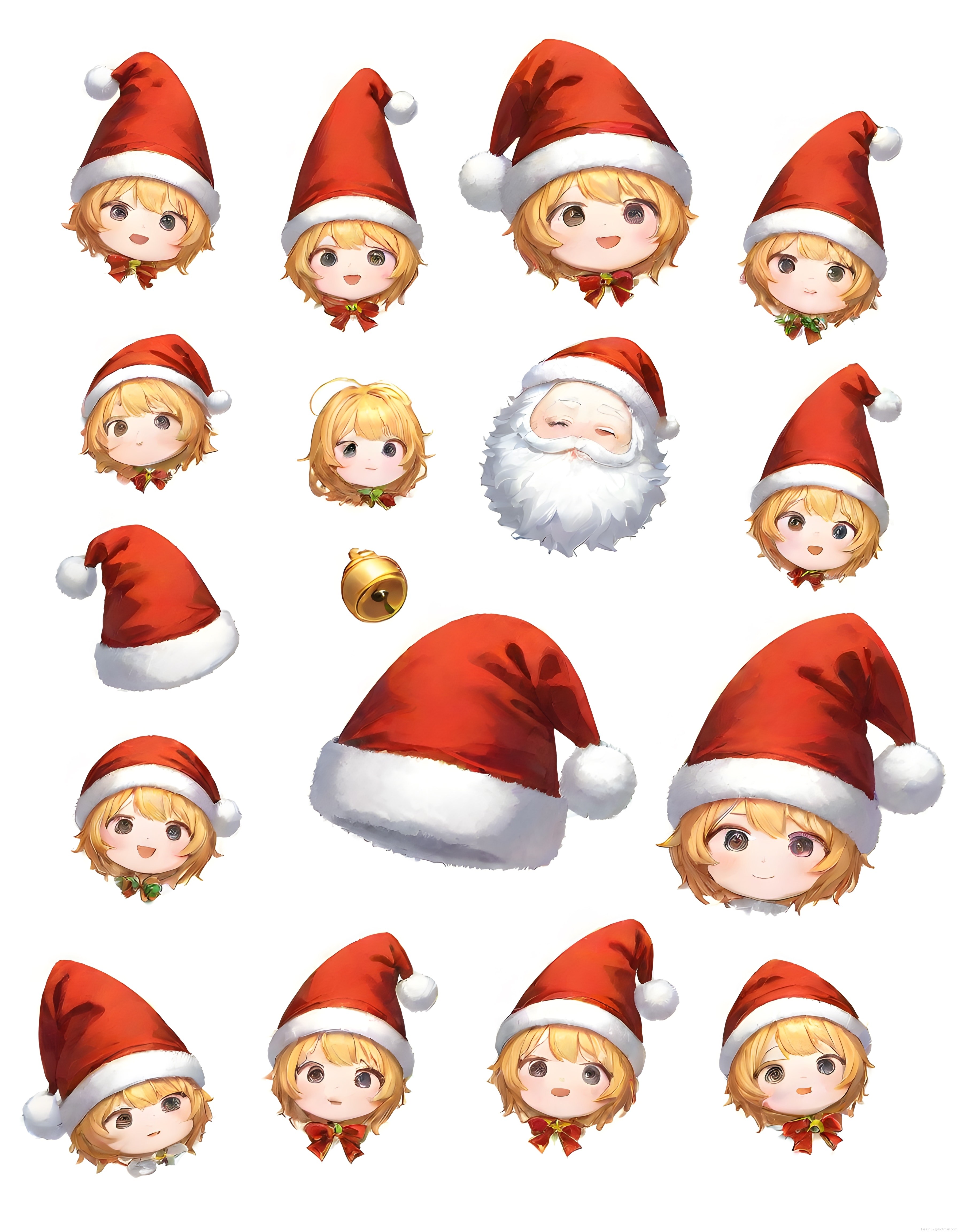Sevimli chibi karakterlerden oluşan noel temalı dijital çizim ve sticker seti