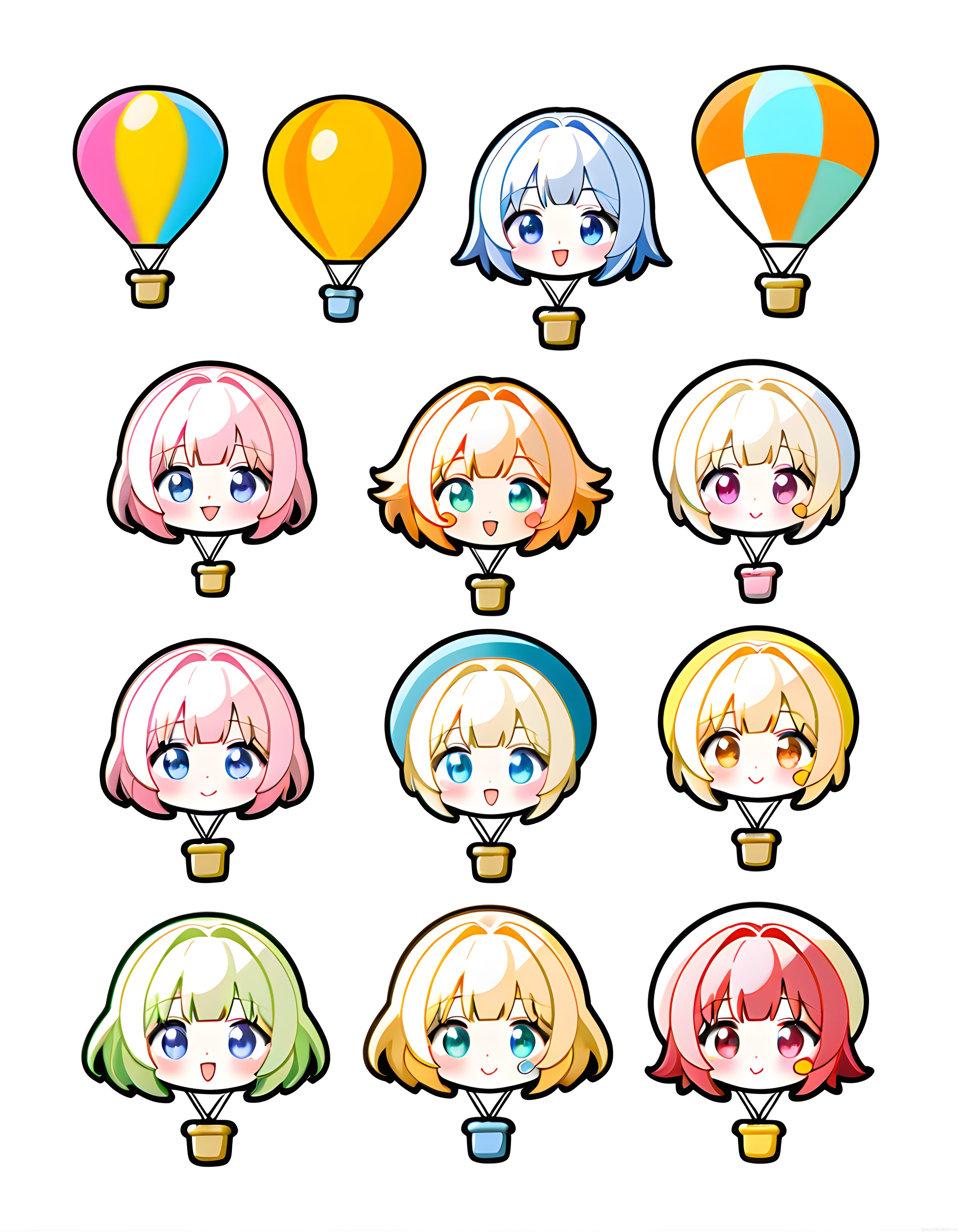 Sevimli chibi karakterlerin sıcak hava balonu formlu anime dijital çizimleri
