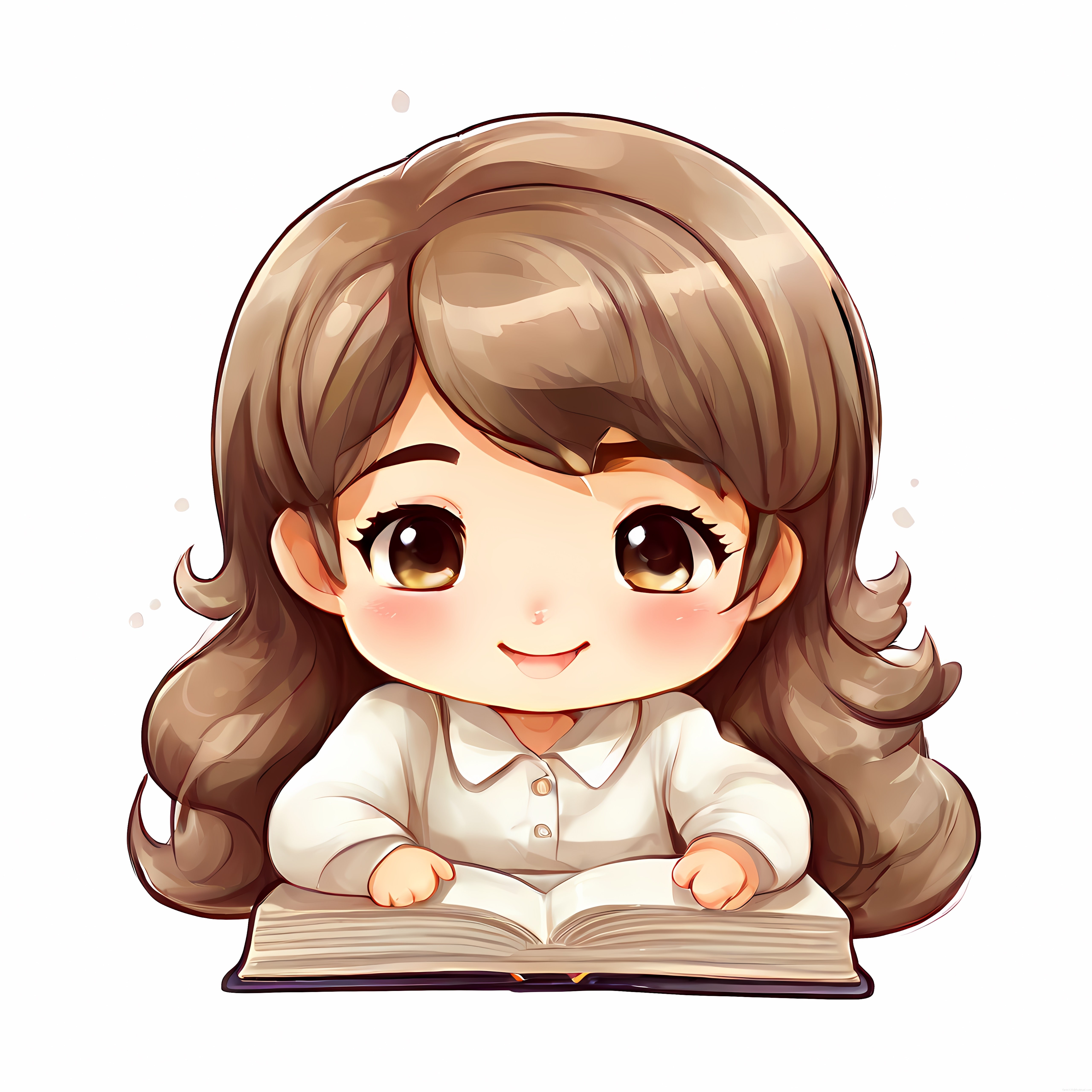 Sevimli Chibi Kız Karakteri Açık Kitapla Dijital İllüstrasyon Sanat Çalışması