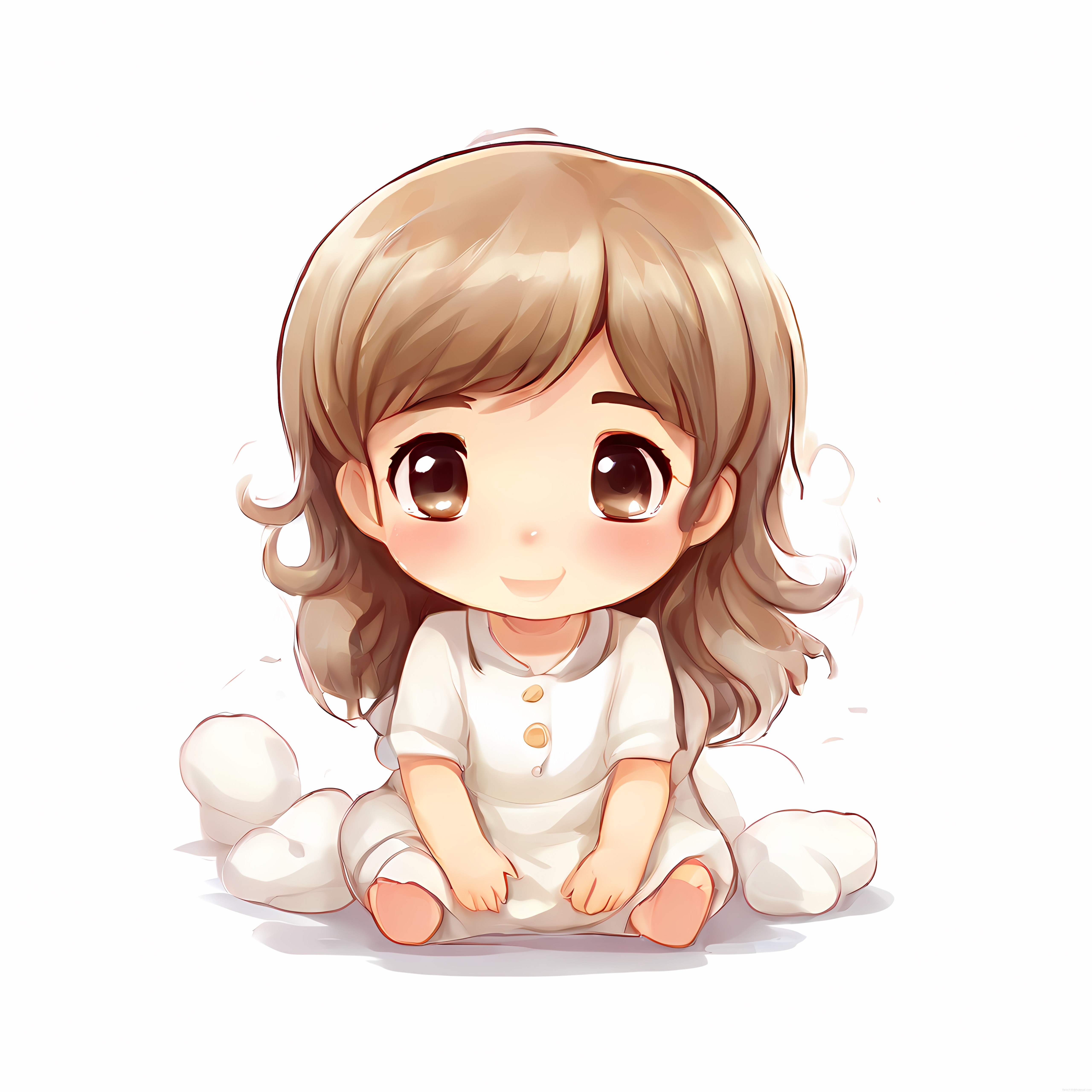 Sevimli Chibi Kız Karakteri Beyaz Pijamada Otururken Dijital Anime İllüstrasyon