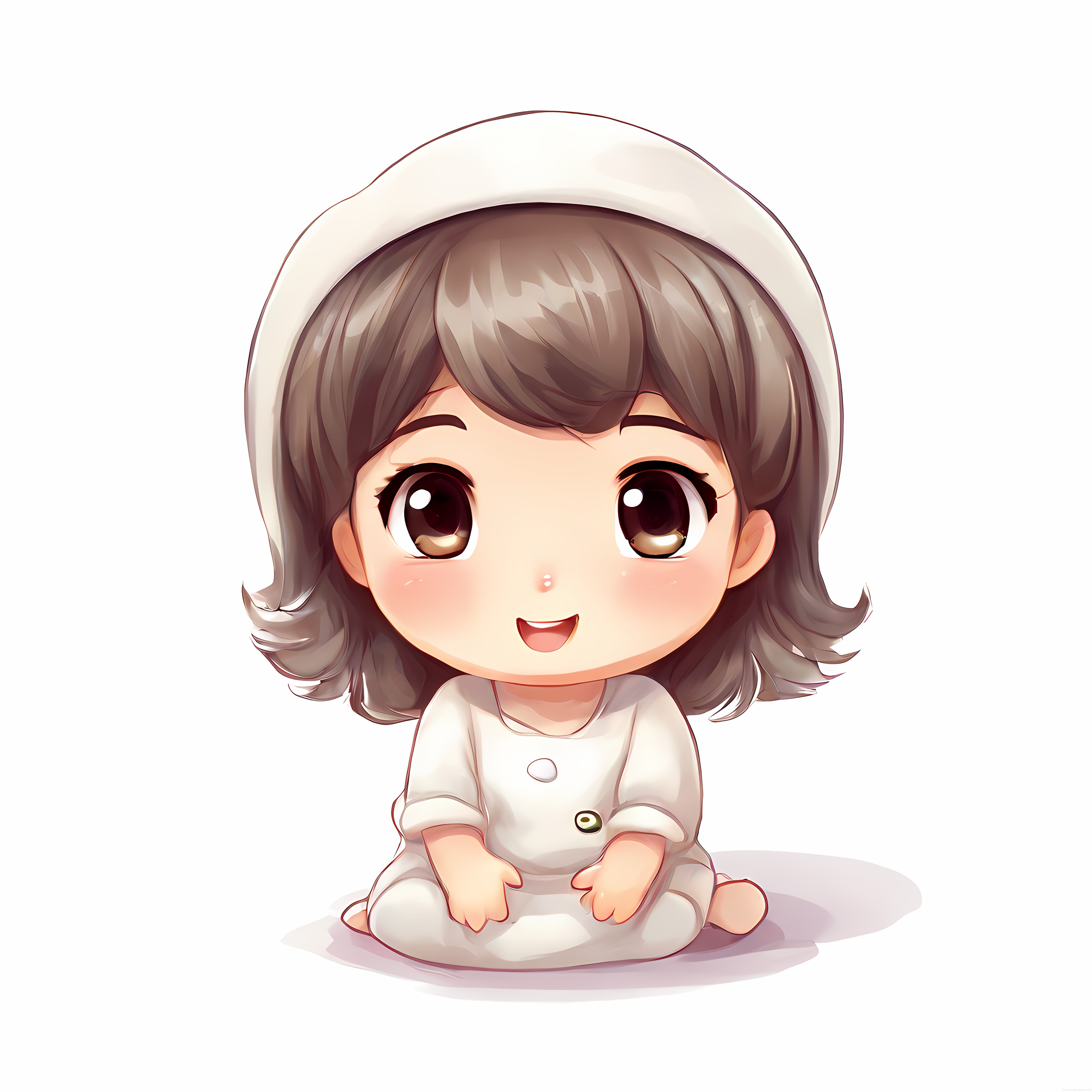 Sevimli Chibi Kız Karakteri Dijital İllüstrasyon Beyaz Bereli Anime Stili
