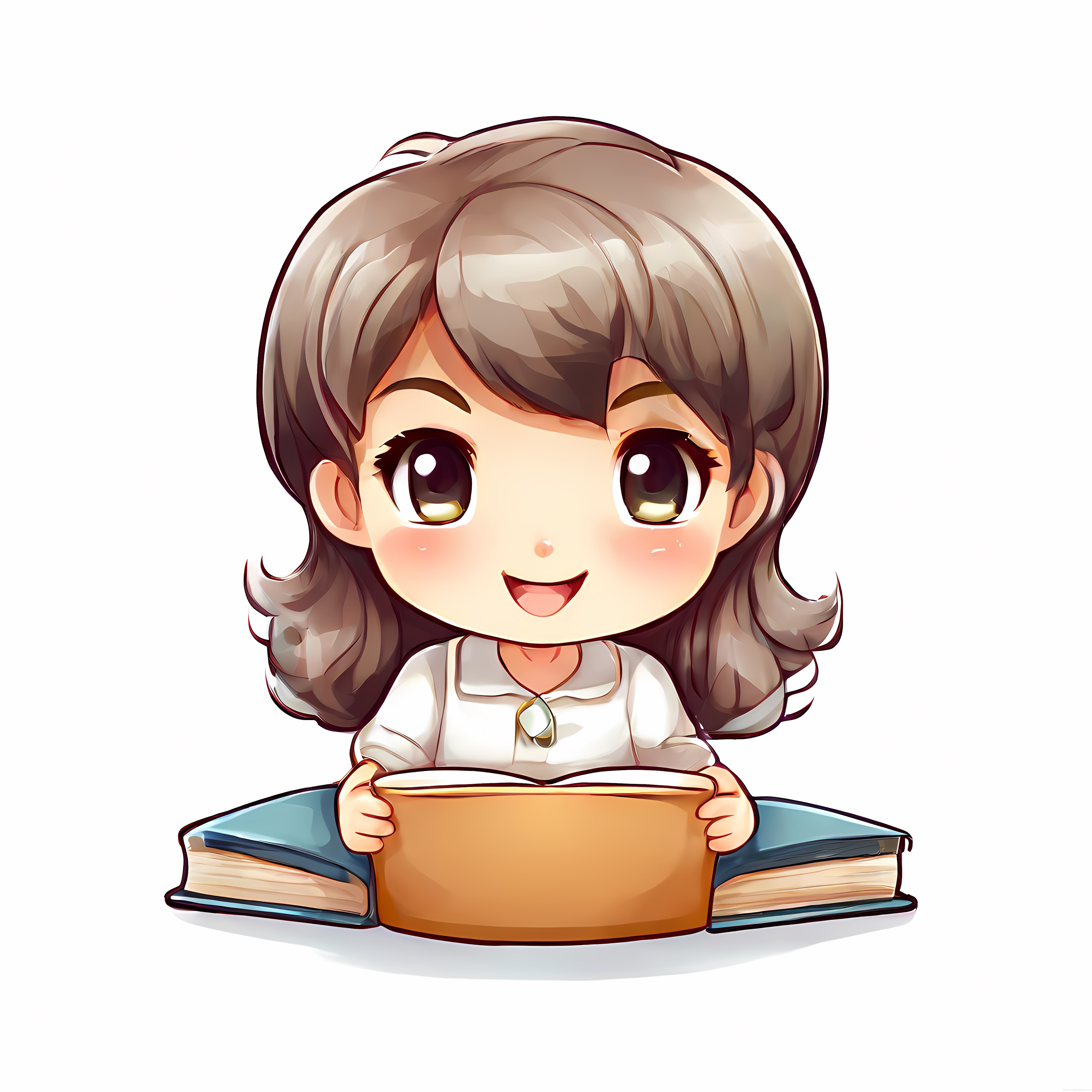 Sevimli Chibi Kız Karakteri Kitap Okurken Neşeli ve Masum Bir Şekilde Gülümsüyor