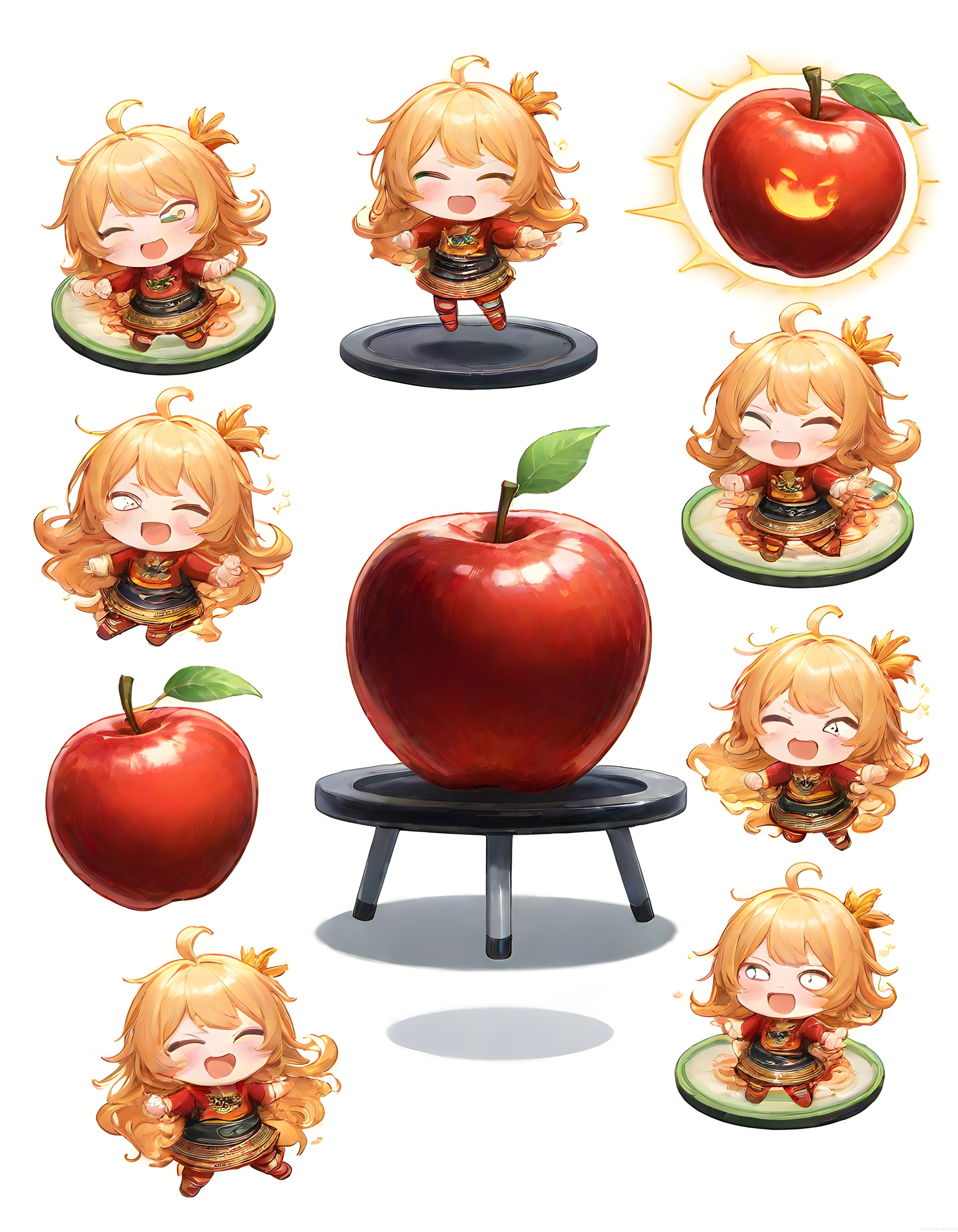 Sevimli chibi kız karakteri ve kırmızı elma temalı dijital illüstrasyon seti